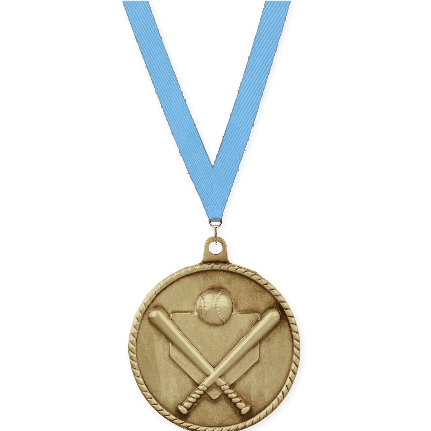 2 inch baseball and softball High Relief medal in antique gold with Light Blue neck ribbon