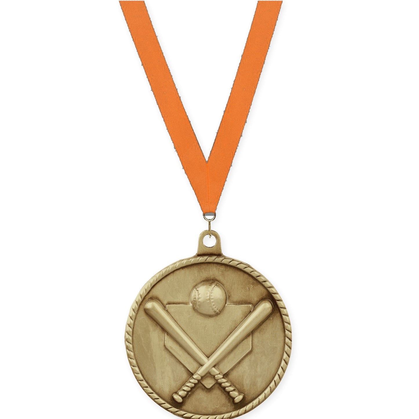 2 inch baseball and softball High Relief medal in antique gold with Orange neck ribbon