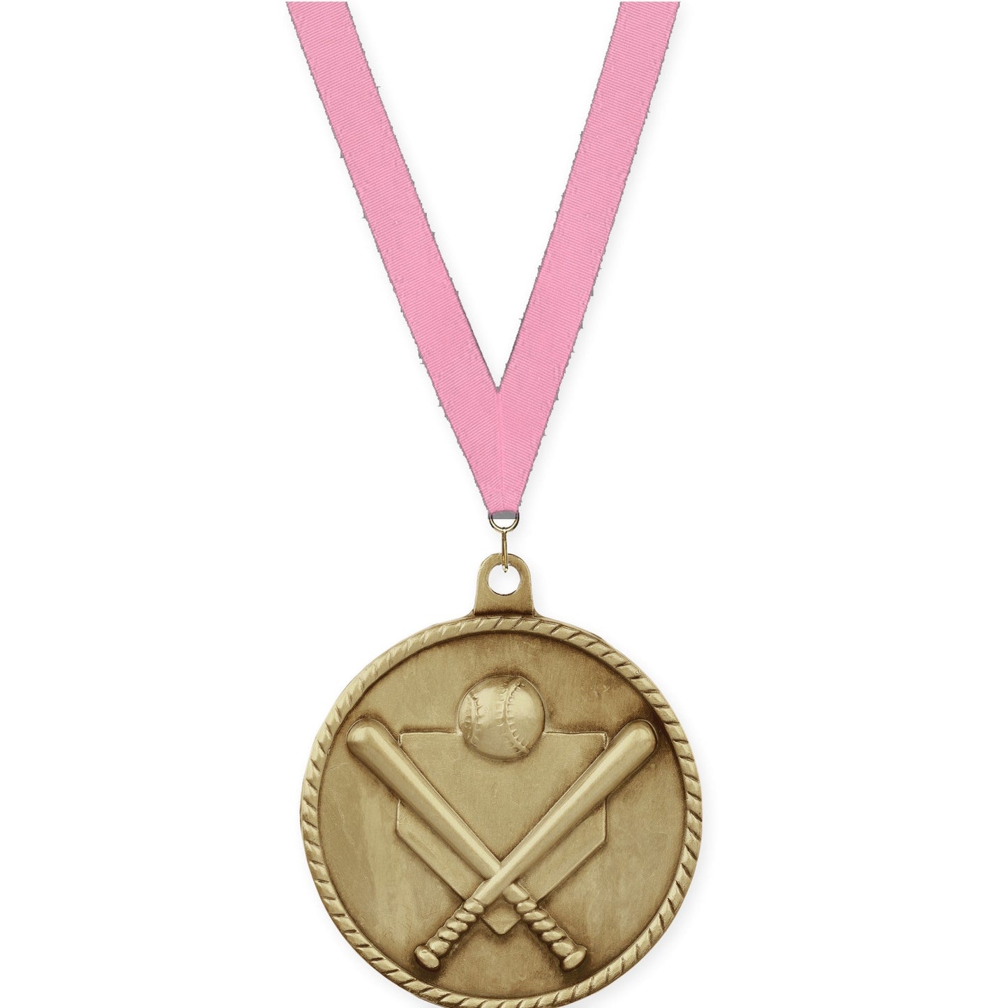 2 inch baseball and softball High Relief medal in antique gold with Pink neck ribbon