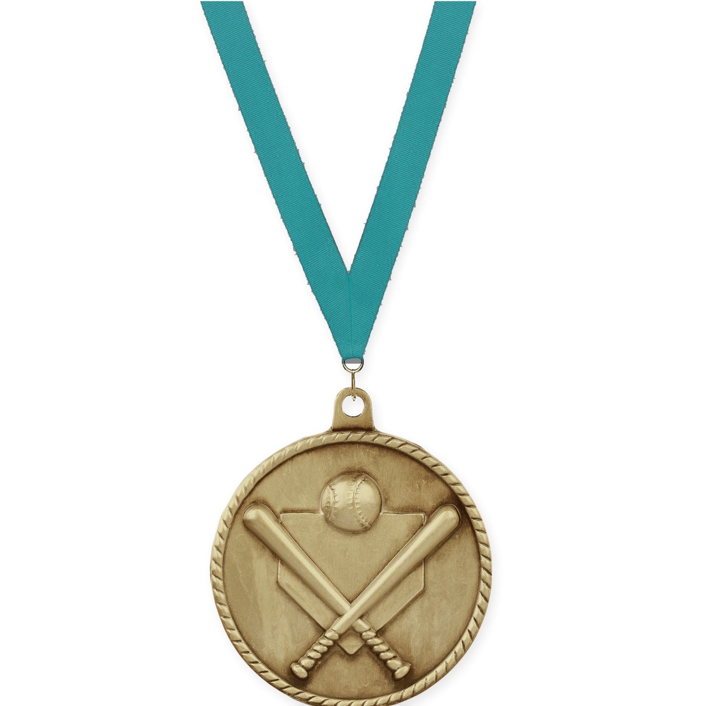 2 inch baseball and softball High Relief medal in antique gold with Teal neck ribbon