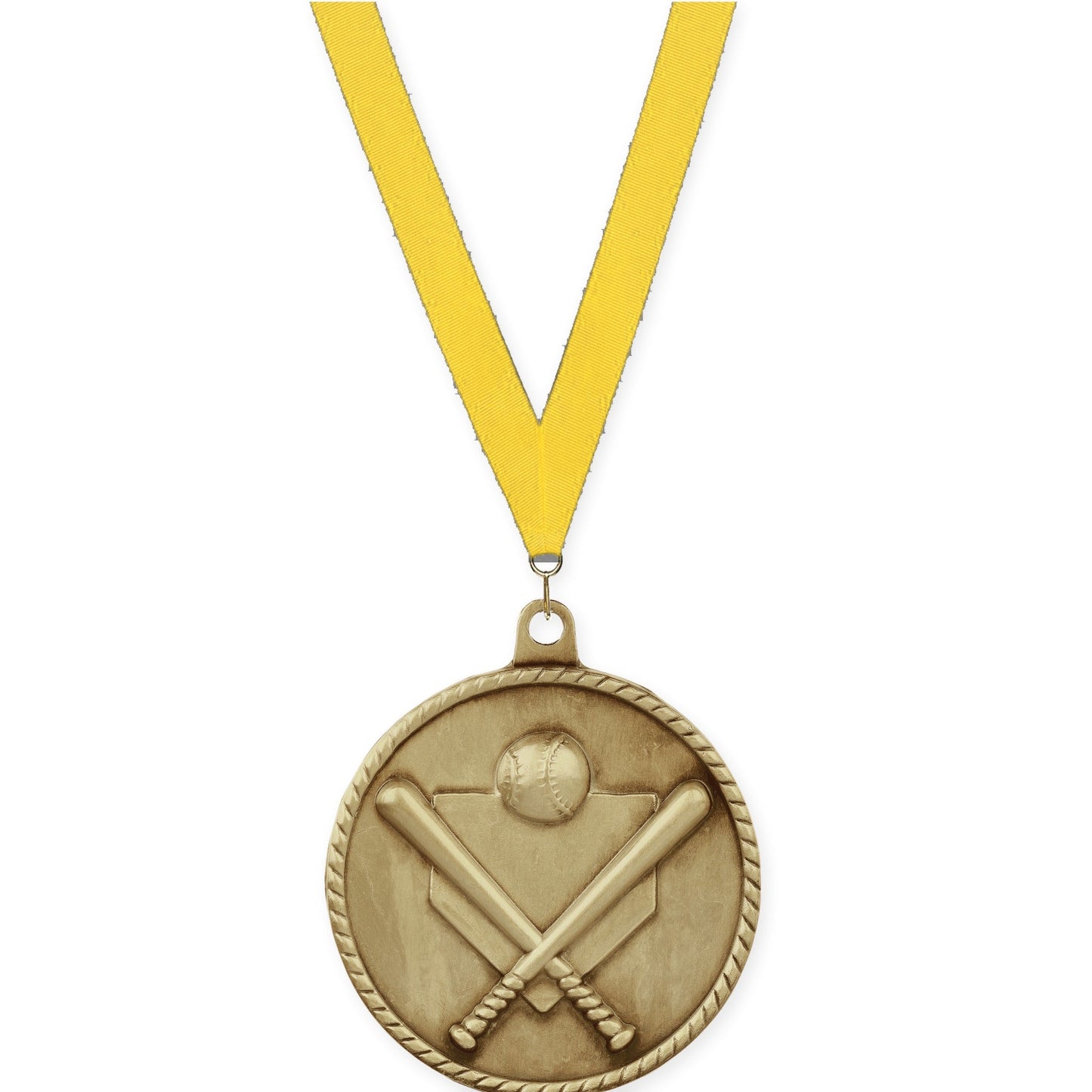 2 inch baseball and softball High Relief medal in antique gold with Yellow neck ribbon