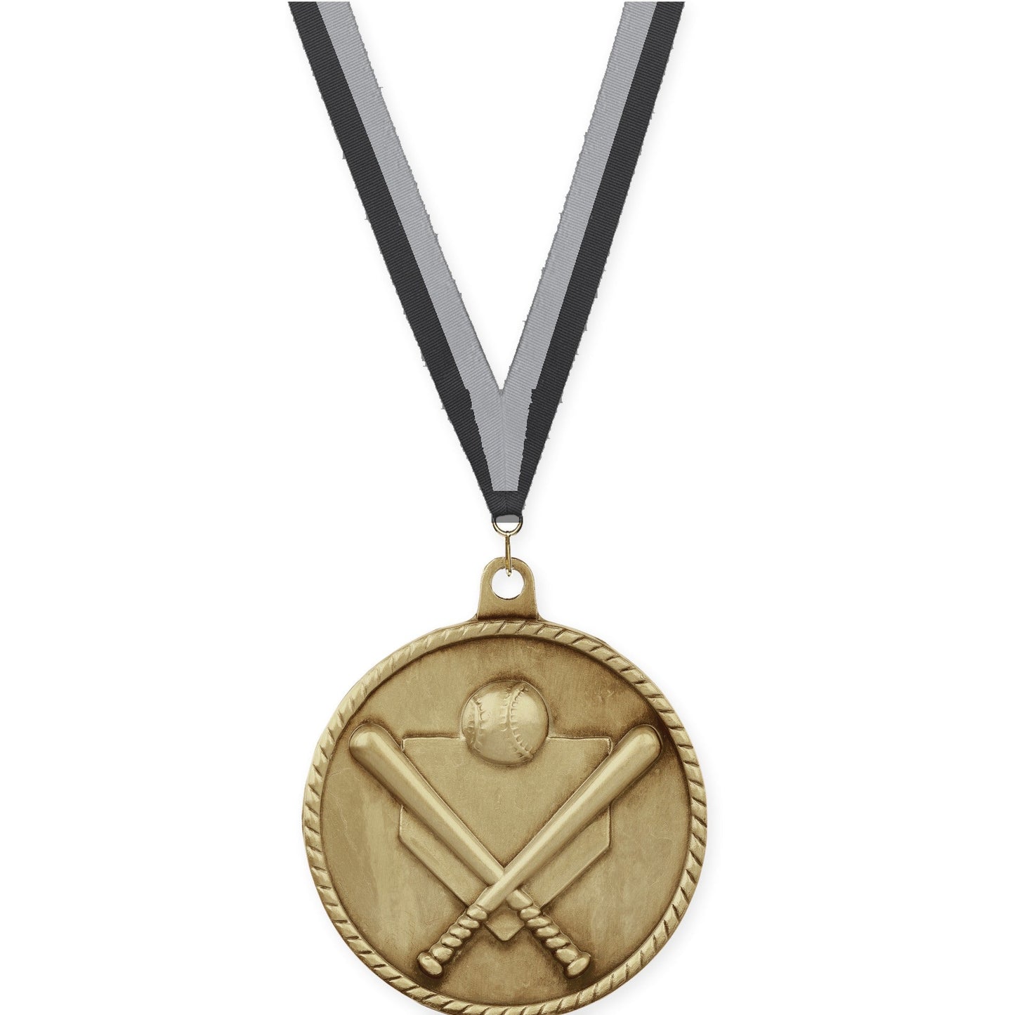 2 inch baseball and softball High Relief medal in antique gold with Black Gray neck ribbon