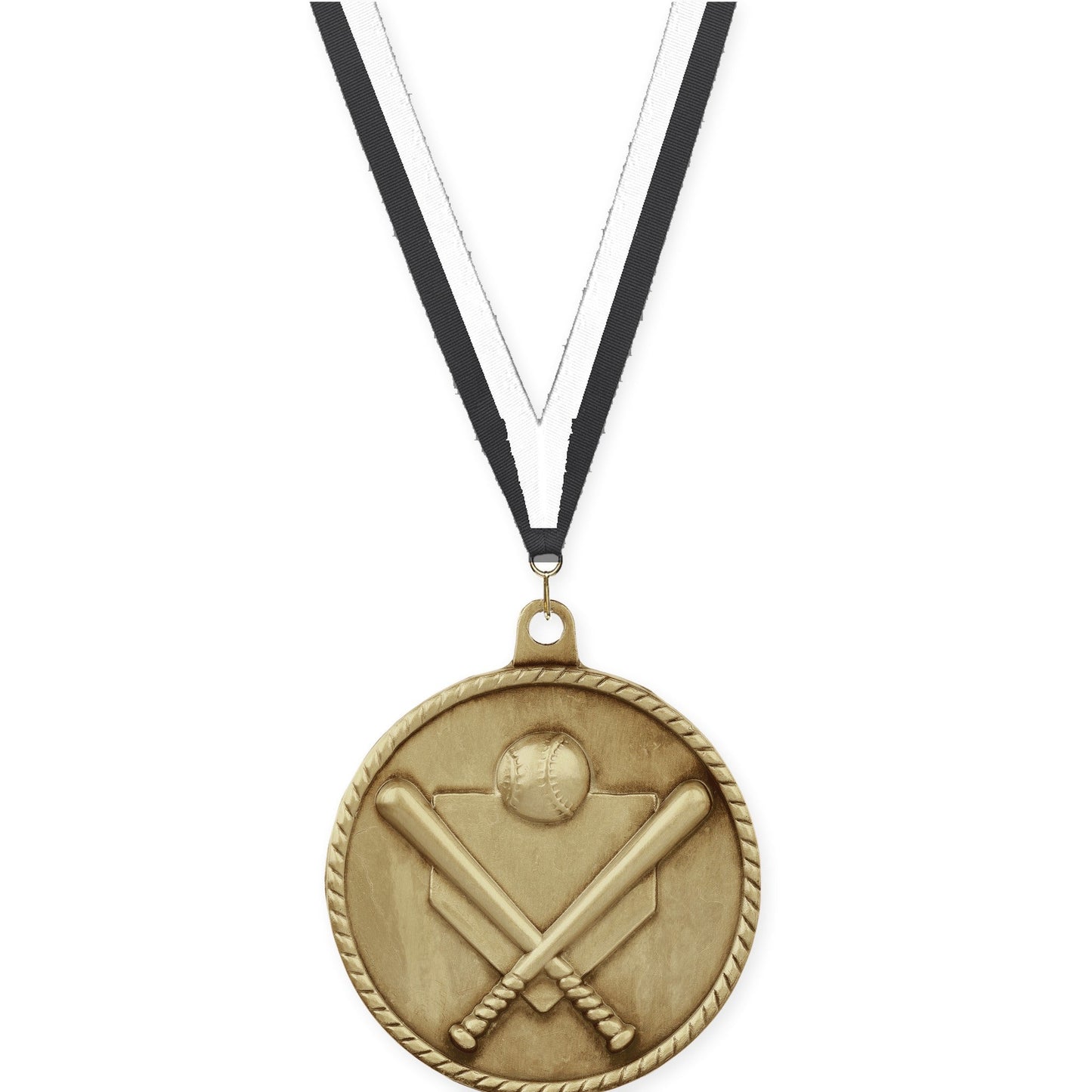 2 inch baseball and softball High Relief medal in antique gold with Black White neck ribbon