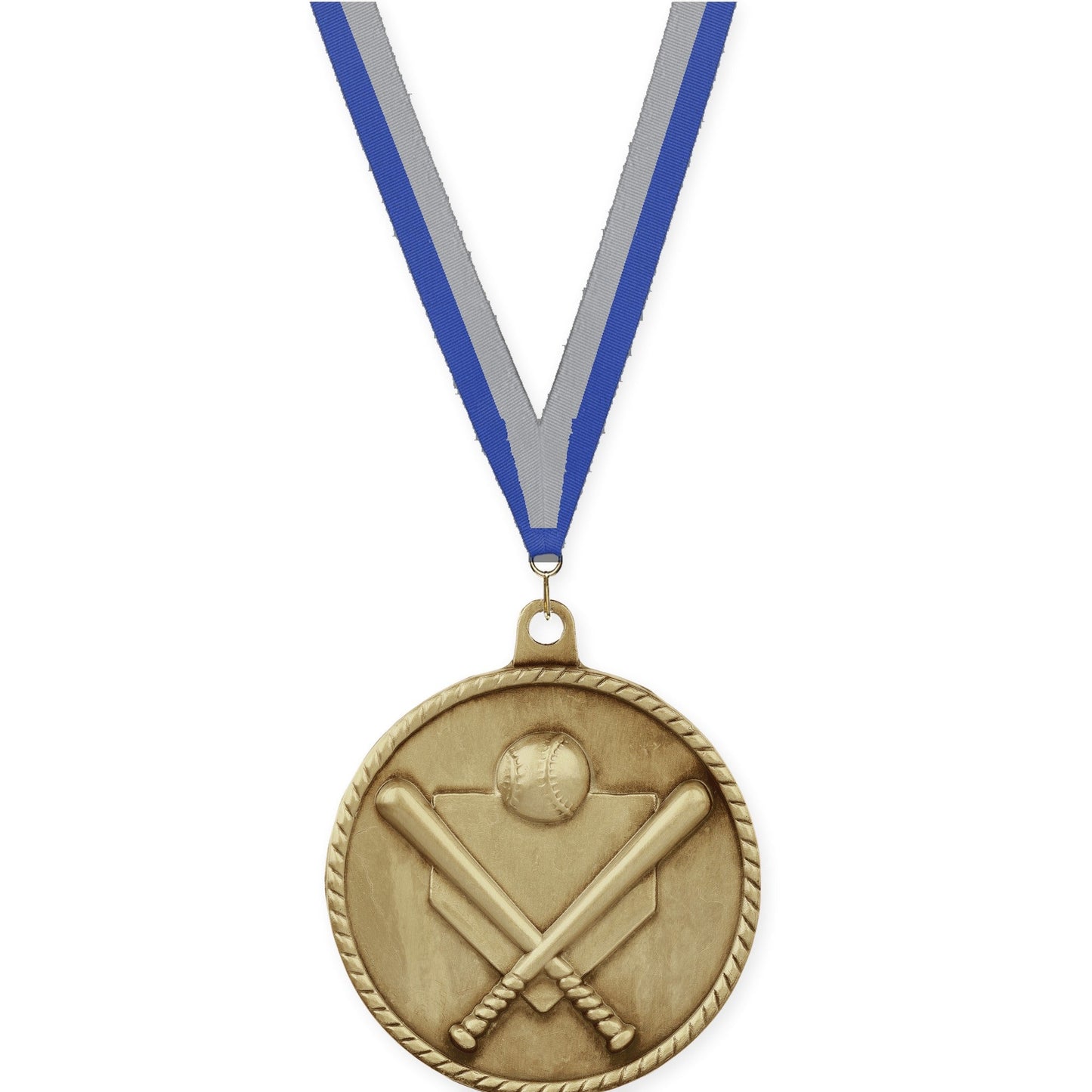 2 inch baseball and softball High Relief medal in antique gold with Blue Gray neck ribbon