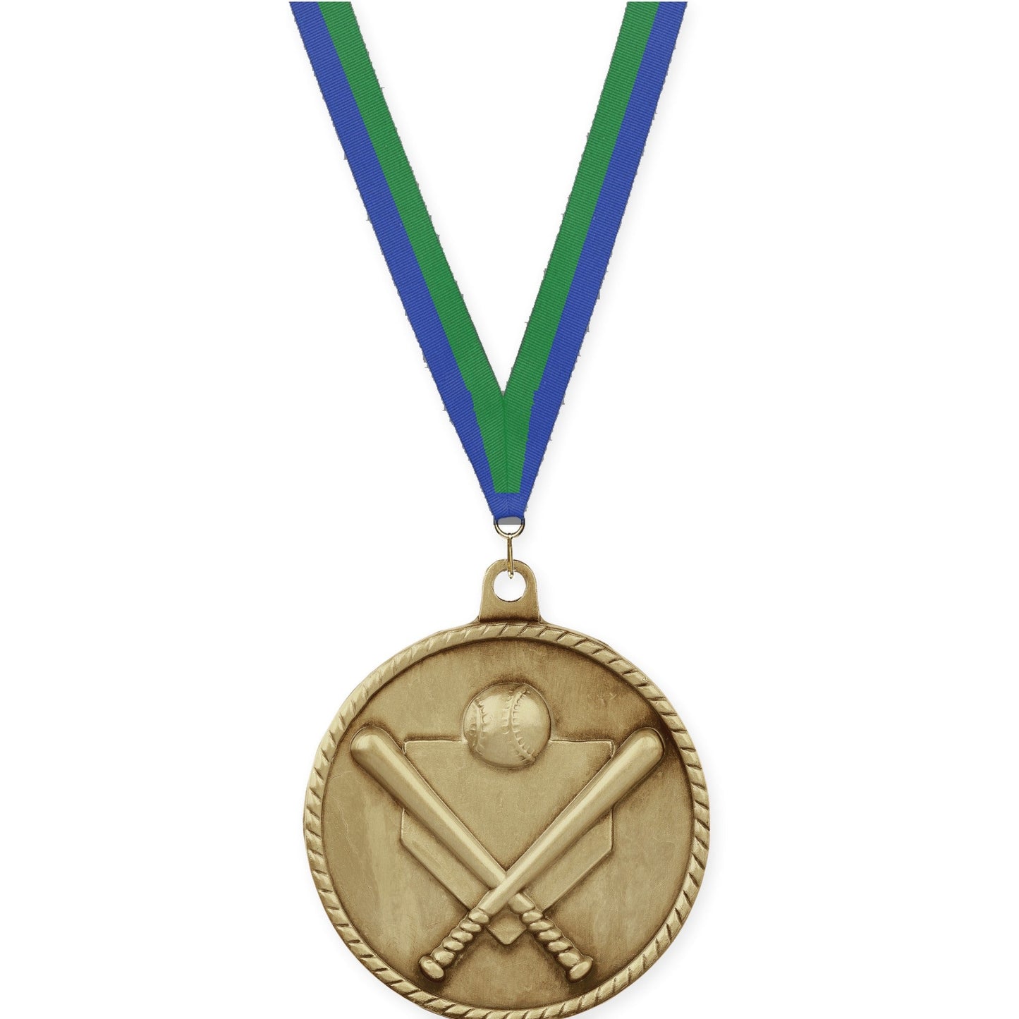2 inch baseball and softball High Relief medal in antique gold with Blue Green neck ribbon