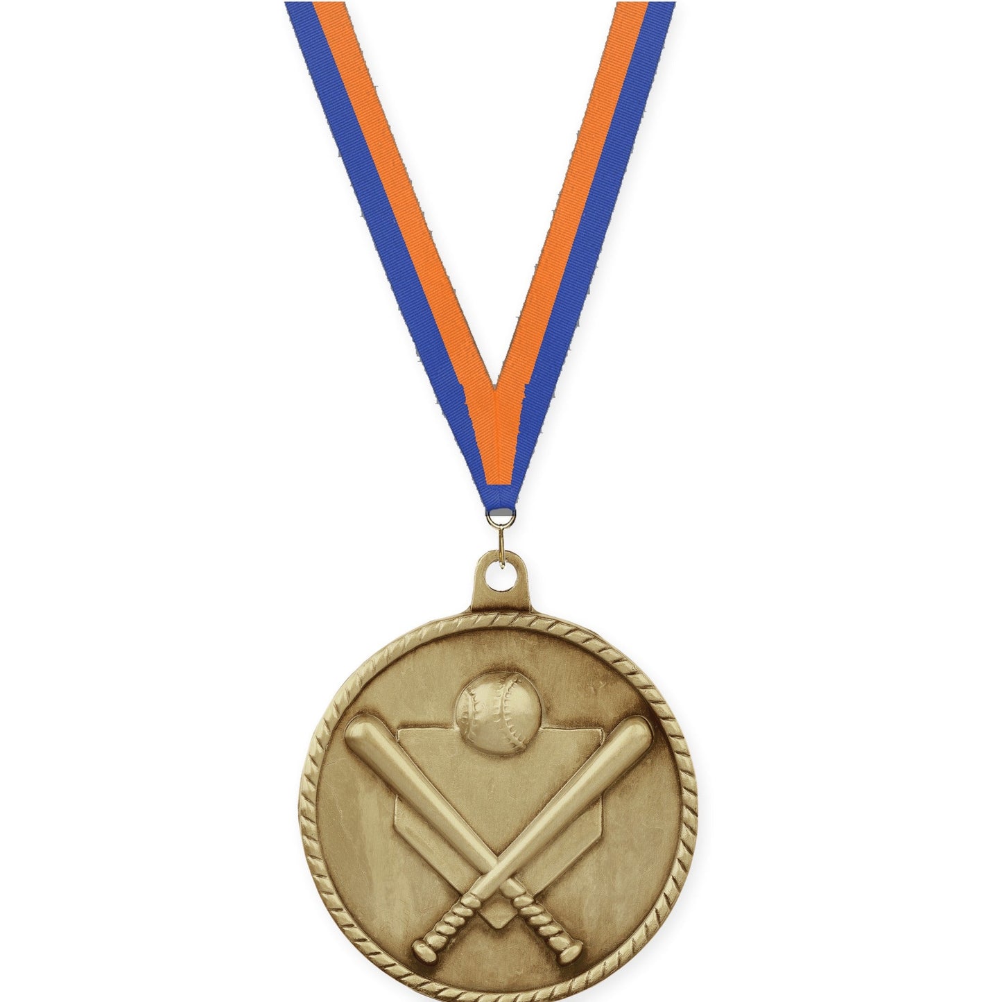 2 inch baseball and softball High Relief medal in antique gold with Blue Orange neck ribbon