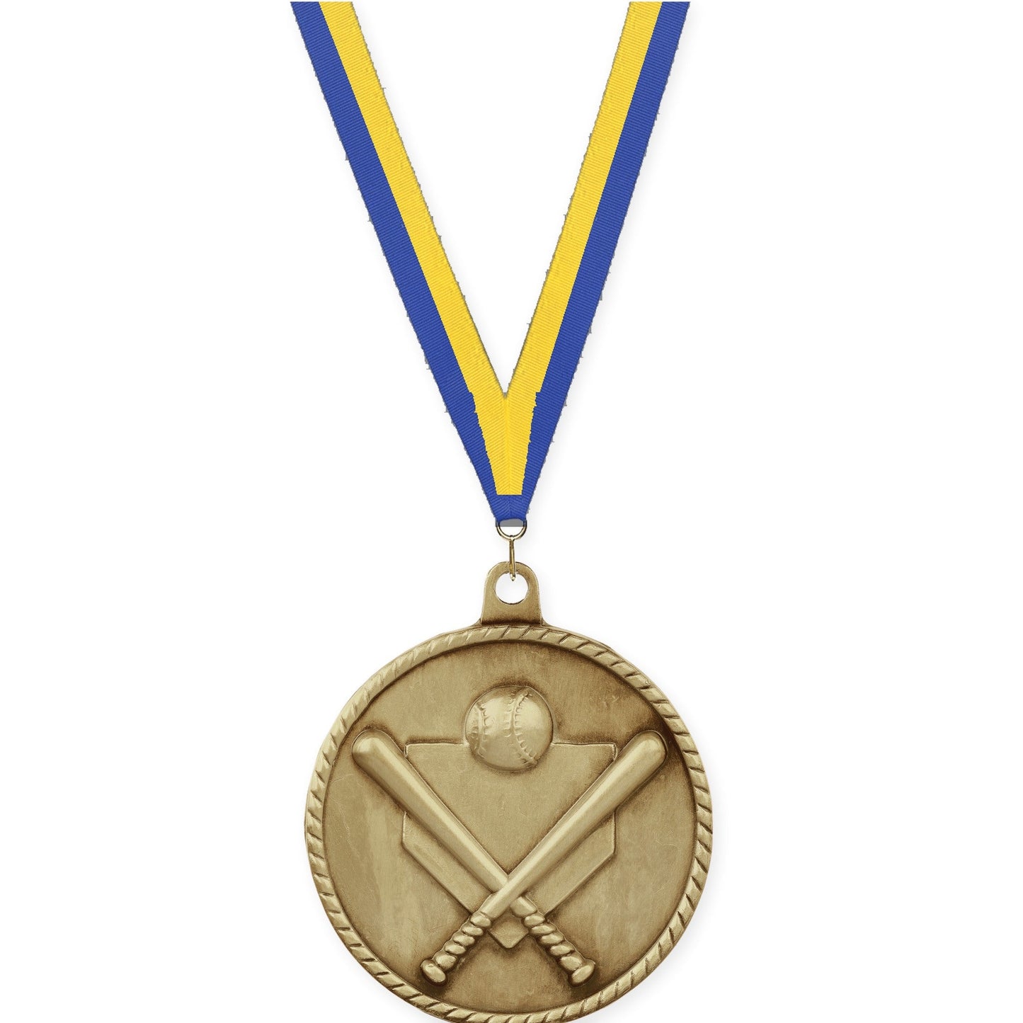 2 inch baseball and softball High Relief medal in antique gold with Blue Yellow neck ribbon