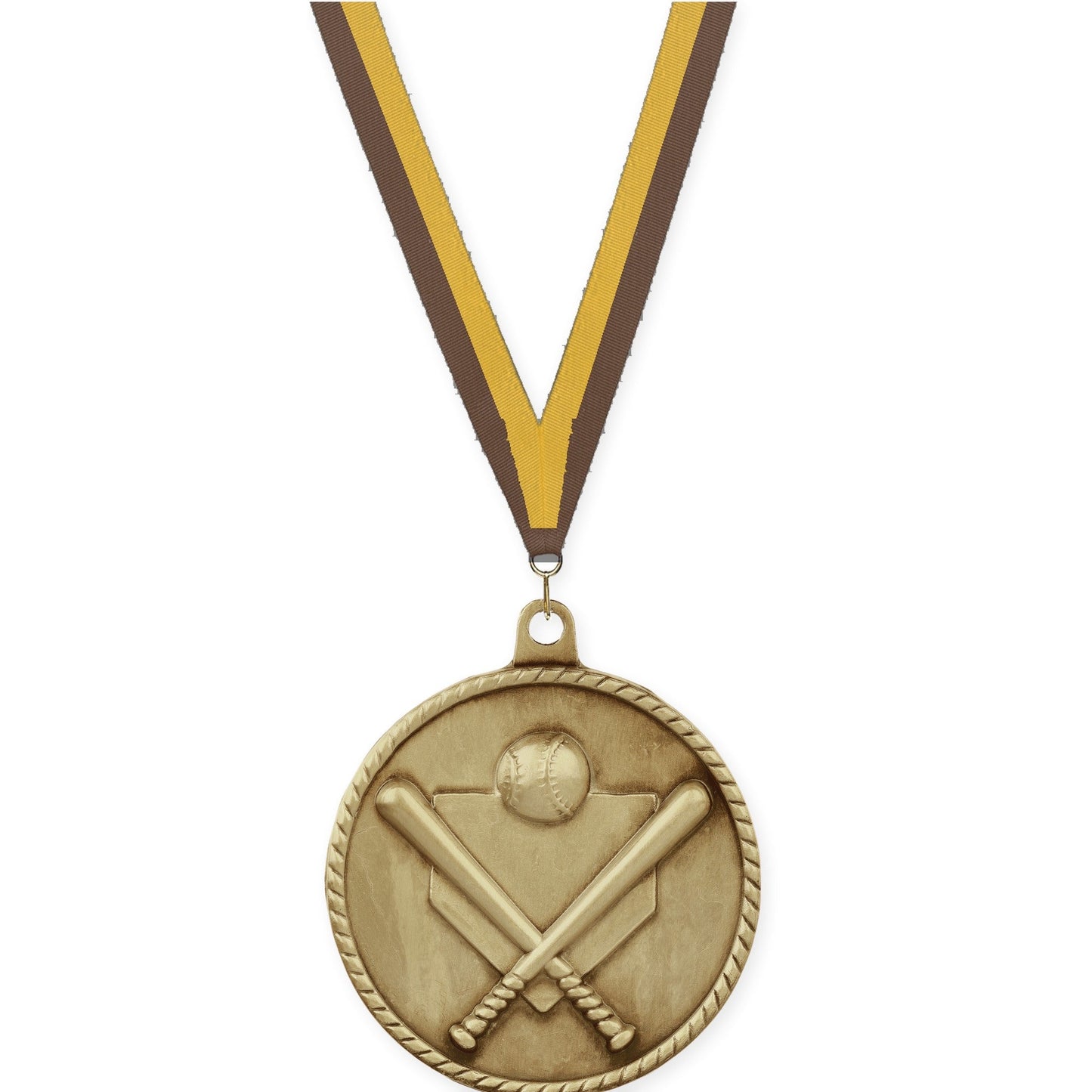 2 inch baseball and softball High Relief medal in antique gold with Brown Gold neck ribbon