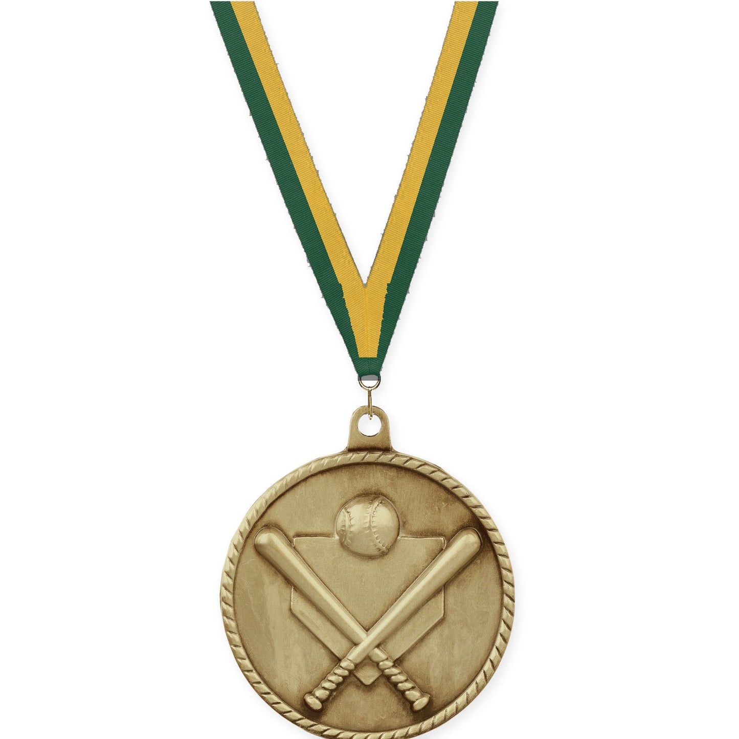2 inch baseball and softball High Relief medal in antique gold with Hunter Green Gold neck ribbon
