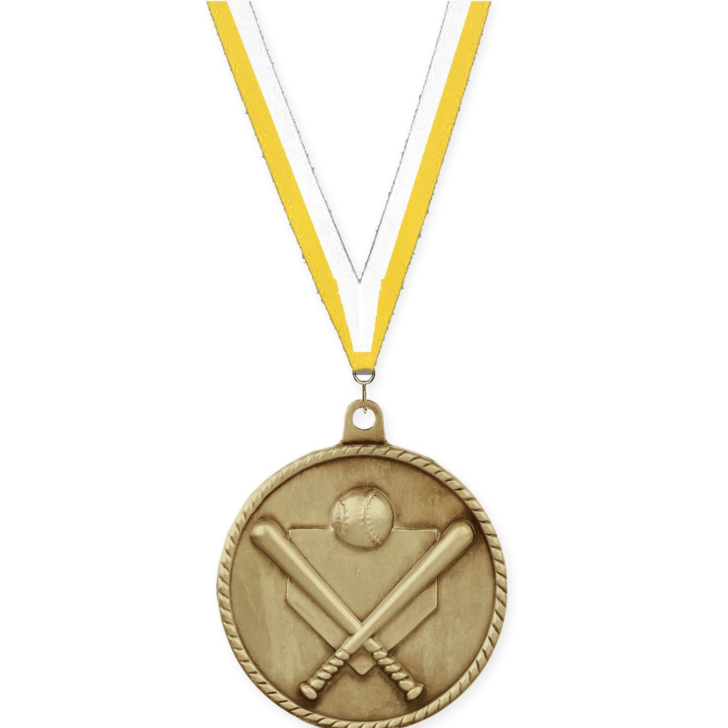 2 inch baseball and softball High Relief medal in antique gold with Yellow White neck ribbon