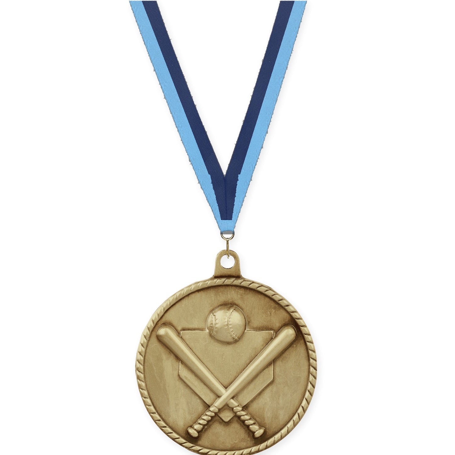 2 inch baseball and softball High Relief medal in antique gold with Light Blue Navy neck ribbon