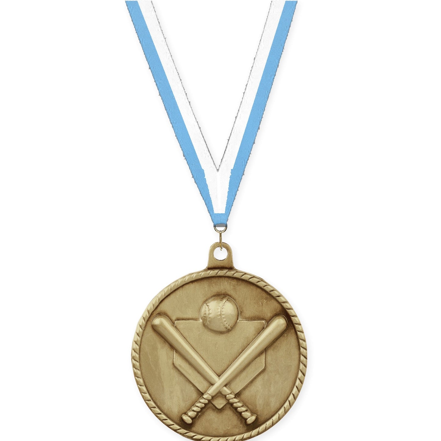 2 inch baseball and softball High Relief medal in antique gold with Light Blue White neck ribbon