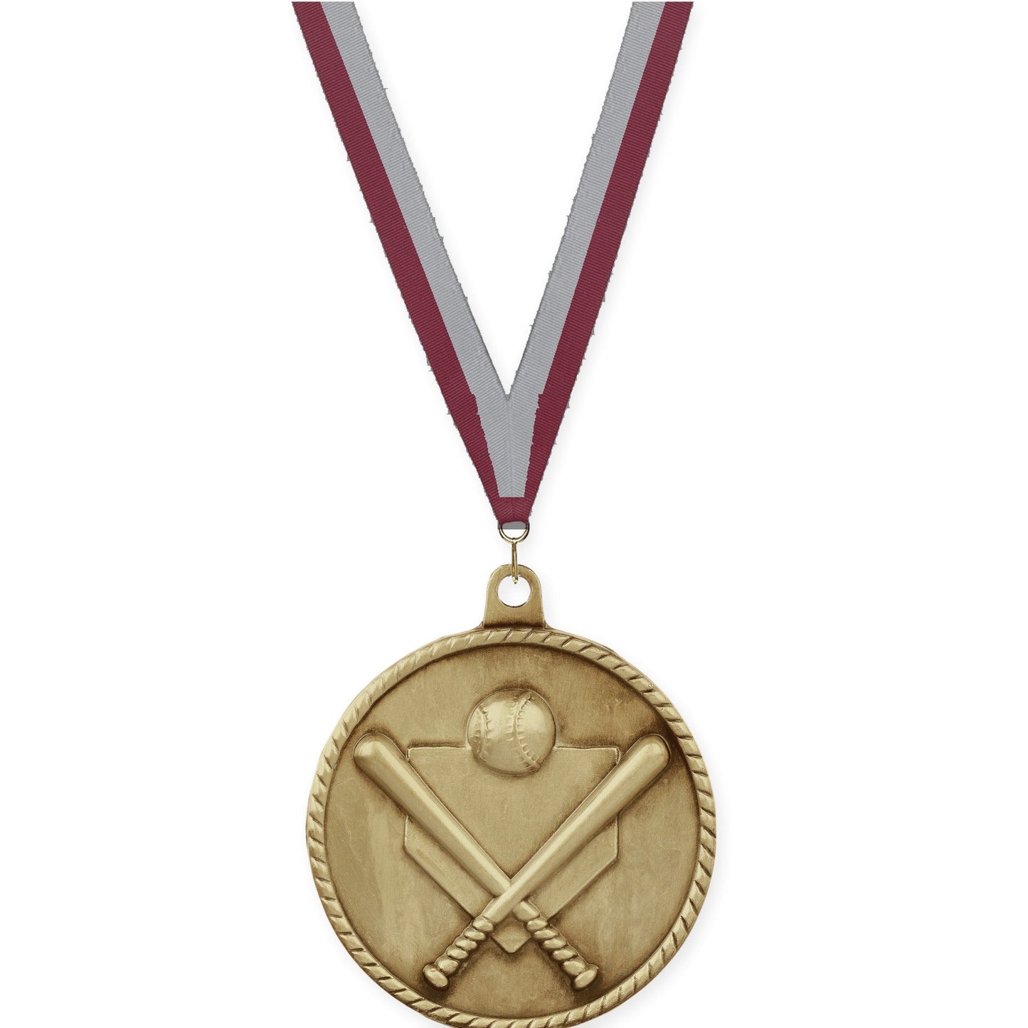 2 inch baseball and softball High Relief medal in antique gold with Maroon Gray neck ribbon
