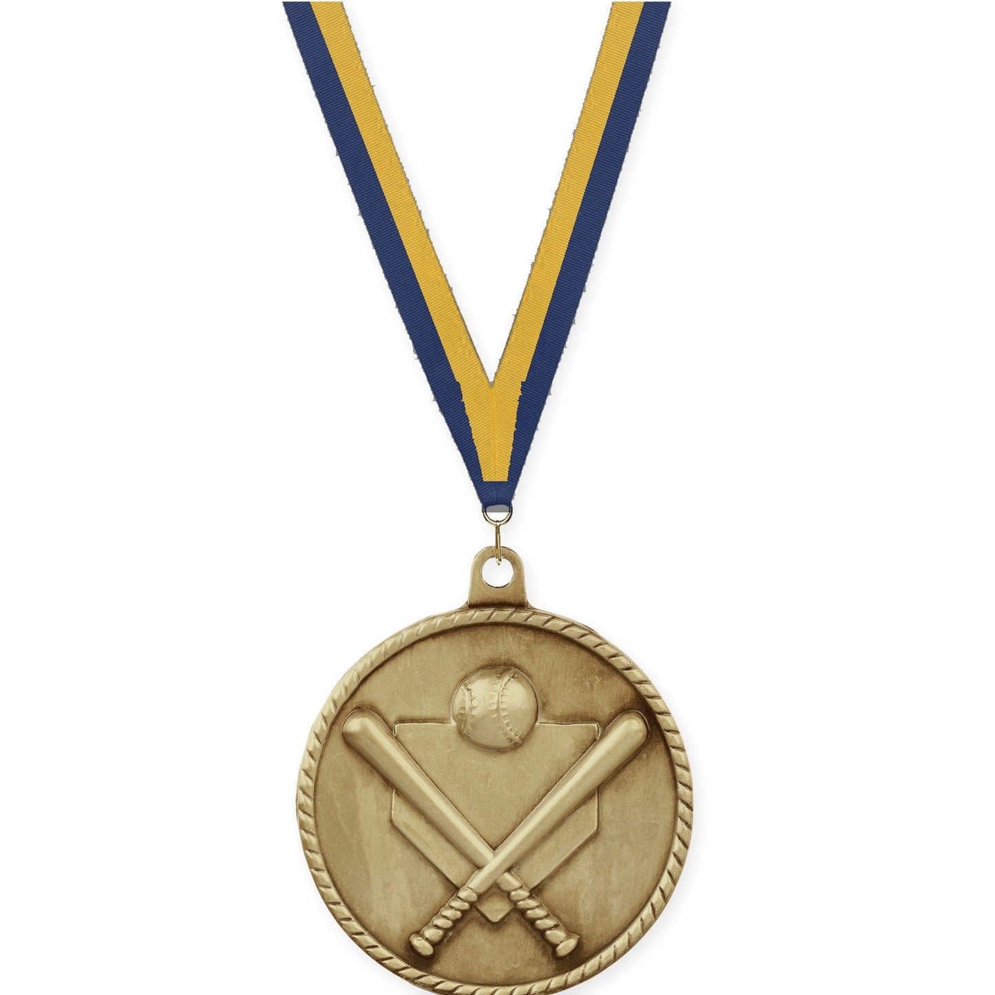 2 inch baseball and softball High Relief medal in antique gold with Navy Gold neck ribbon