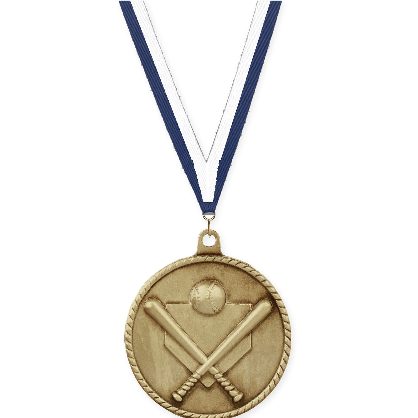 2 inch baseball and softball High Relief medal in antique gold with Navy White neck ribbon