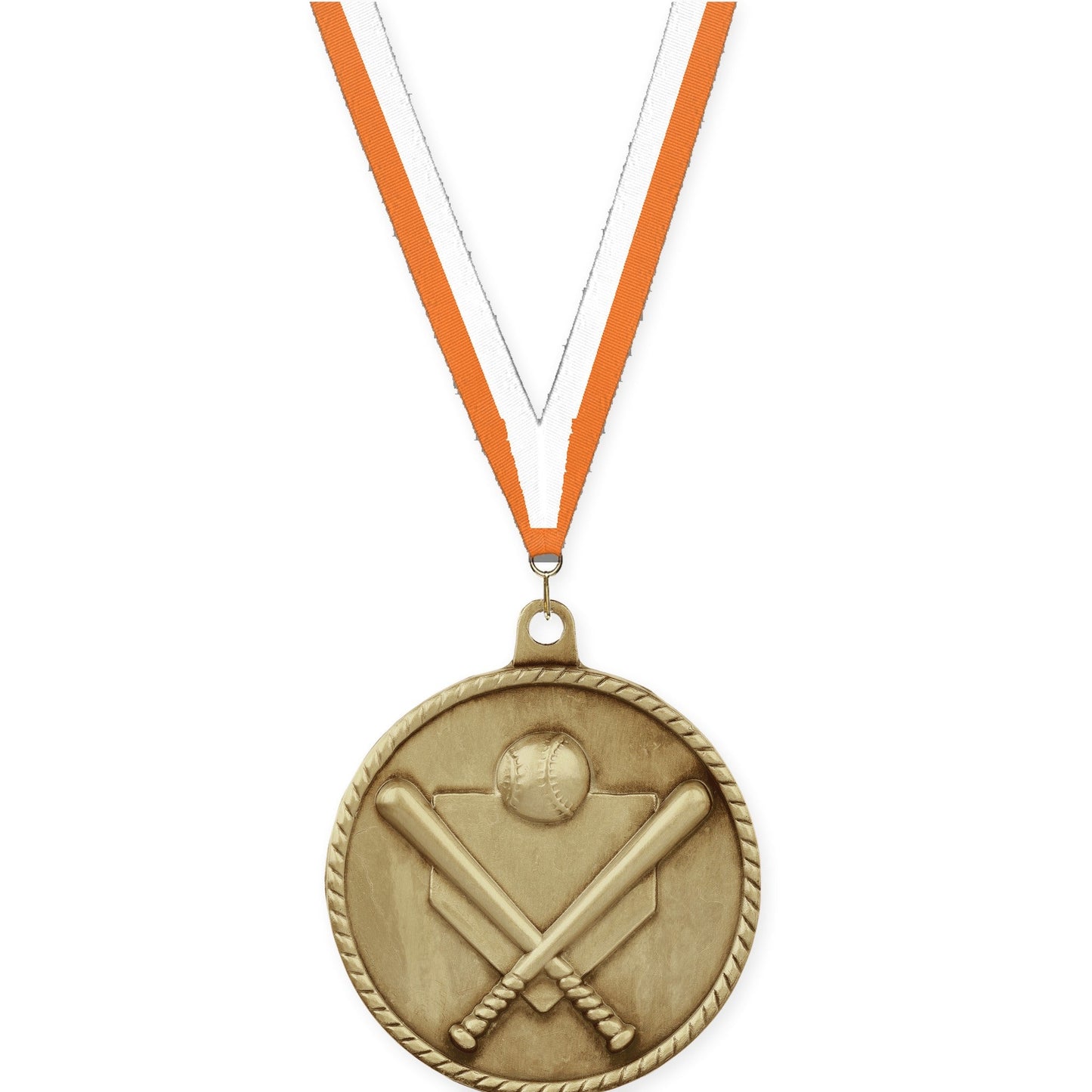 2 inch baseball and softball High Relief medal in antique gold with Orange White neck ribbon