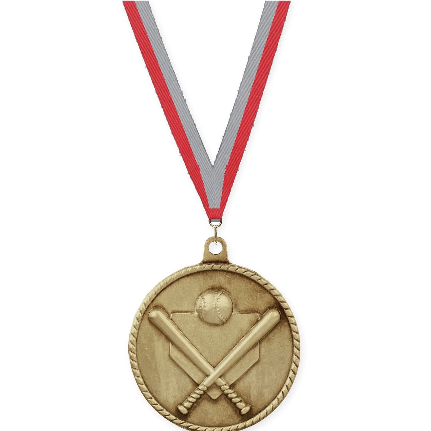 2 inch baseball and softball High Relief medal in antique gold with Red Gray neck ribbon