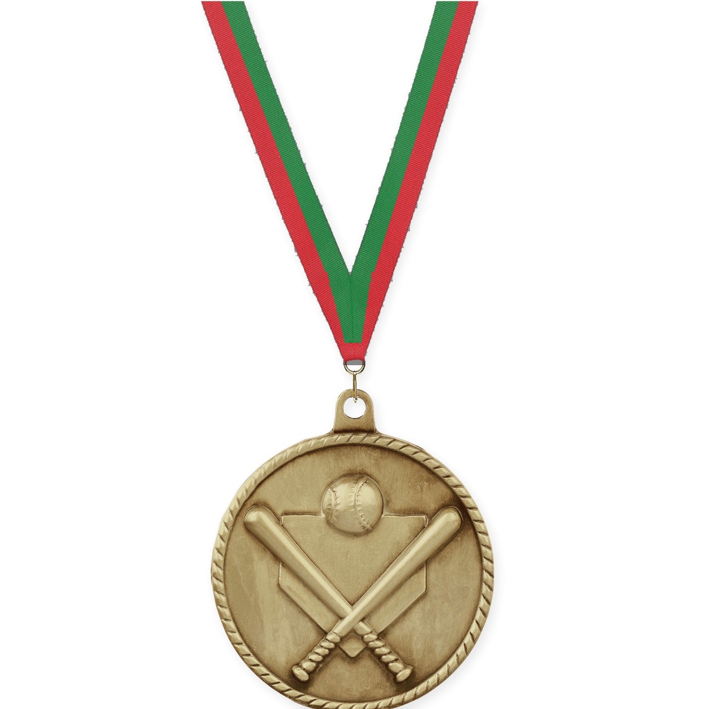 2 inch baseball and softball High Relief medal in antique gold with Red Green neck ribbon