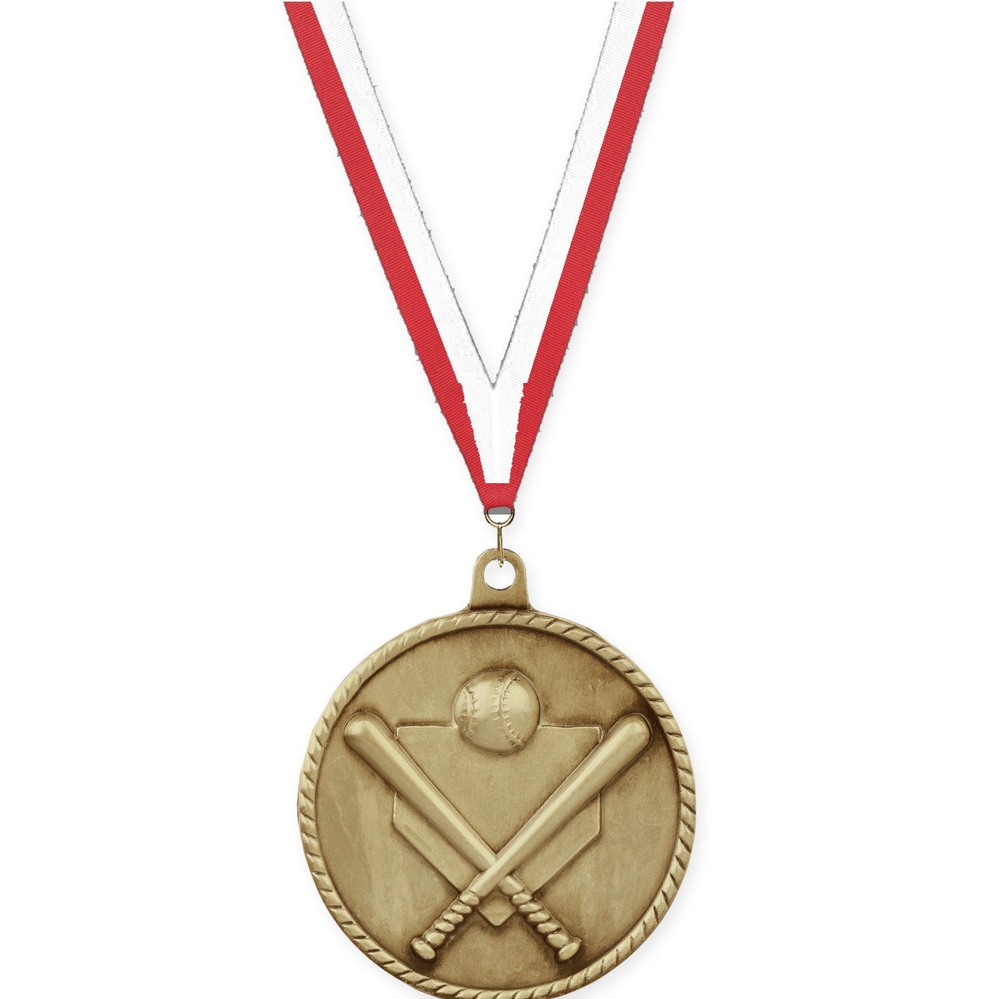 2 inch baseball and softball High Relief medal in antique gold with Red White neck ribbon
