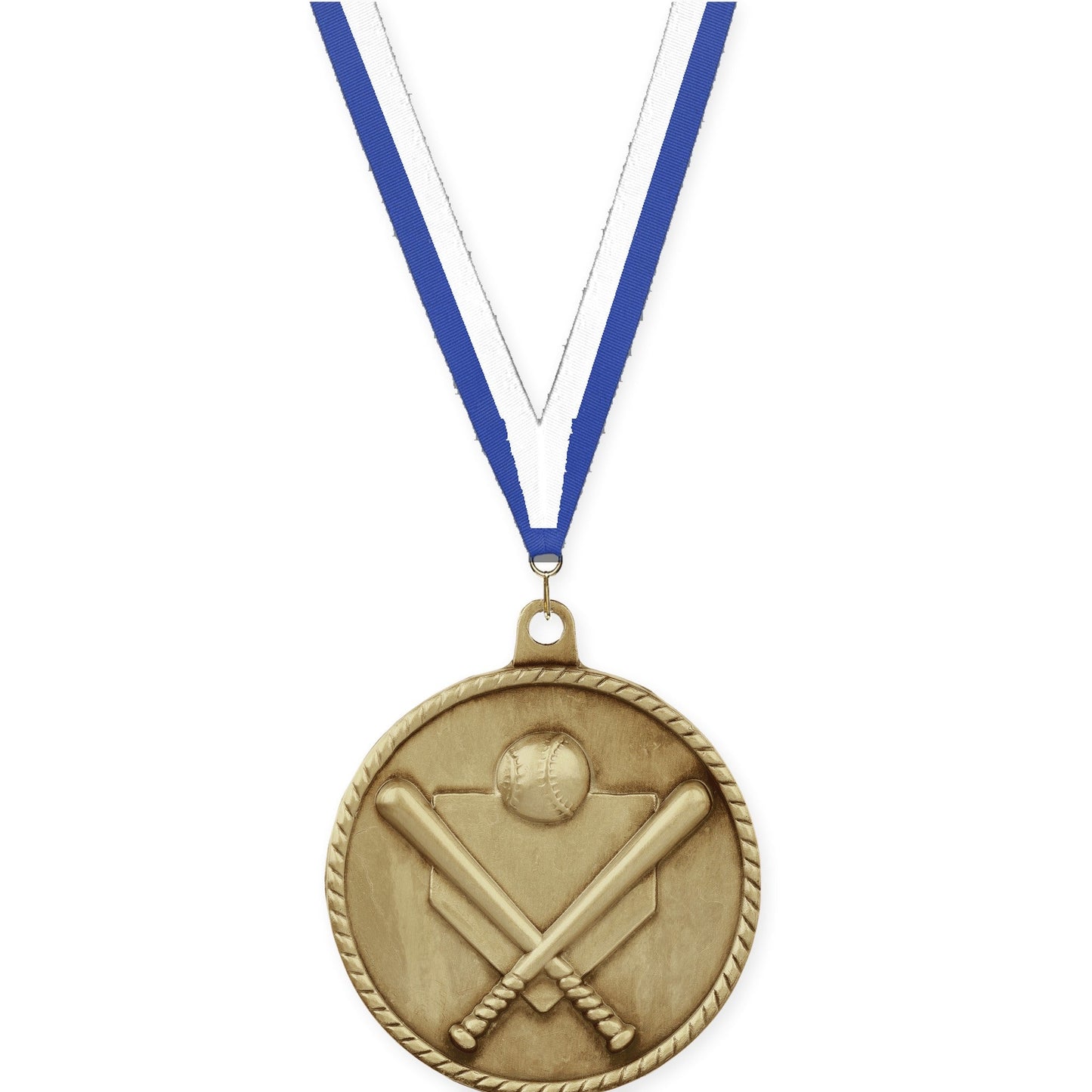 2 inch baseball and softball High Relief medal in antique gold with Blue White neck ribbon
