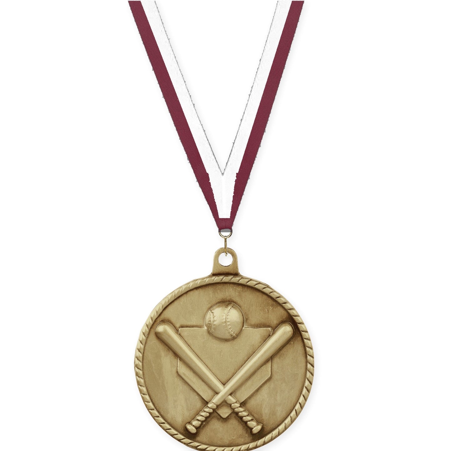 2 inch baseball and softball High Relief medal in antique gold with Maroon White neck ribbon