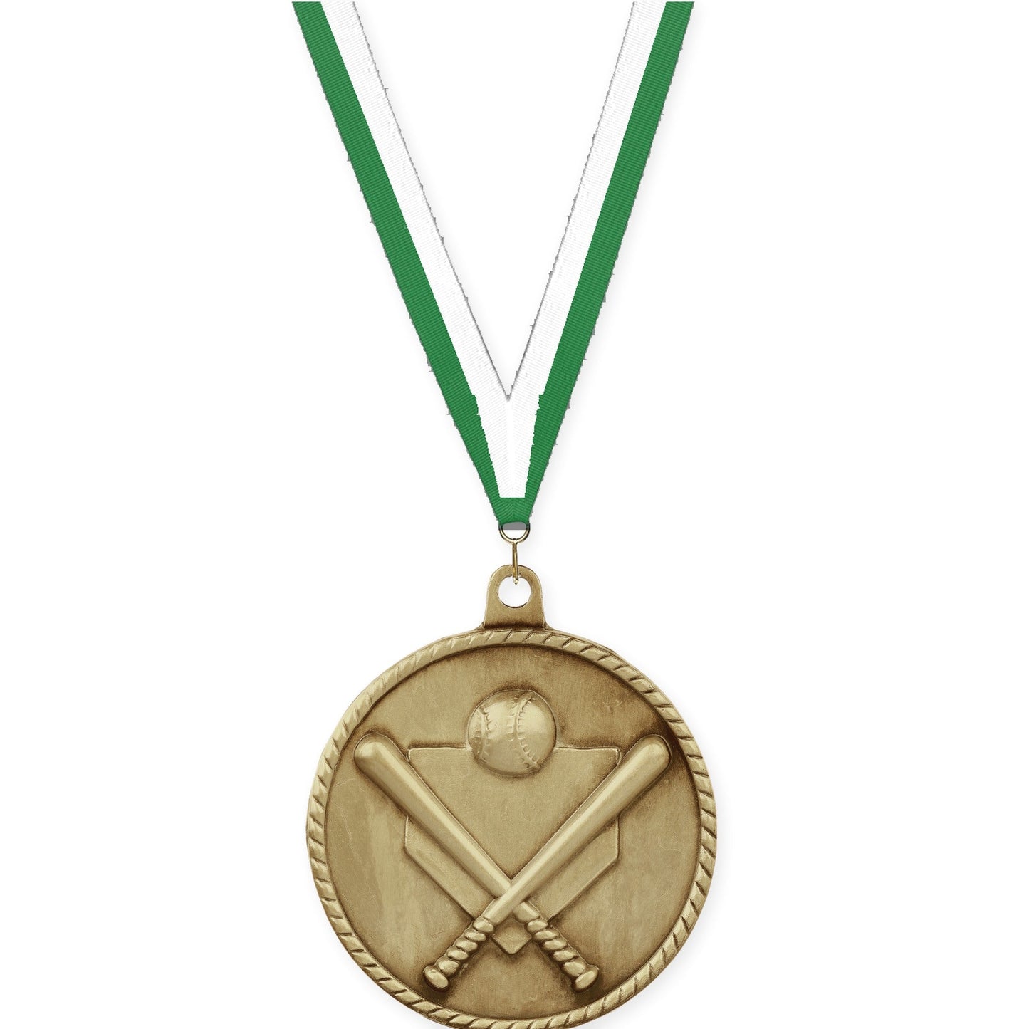 2 inch baseball and softball High Relief medal in antique gold with Green White neck ribbon