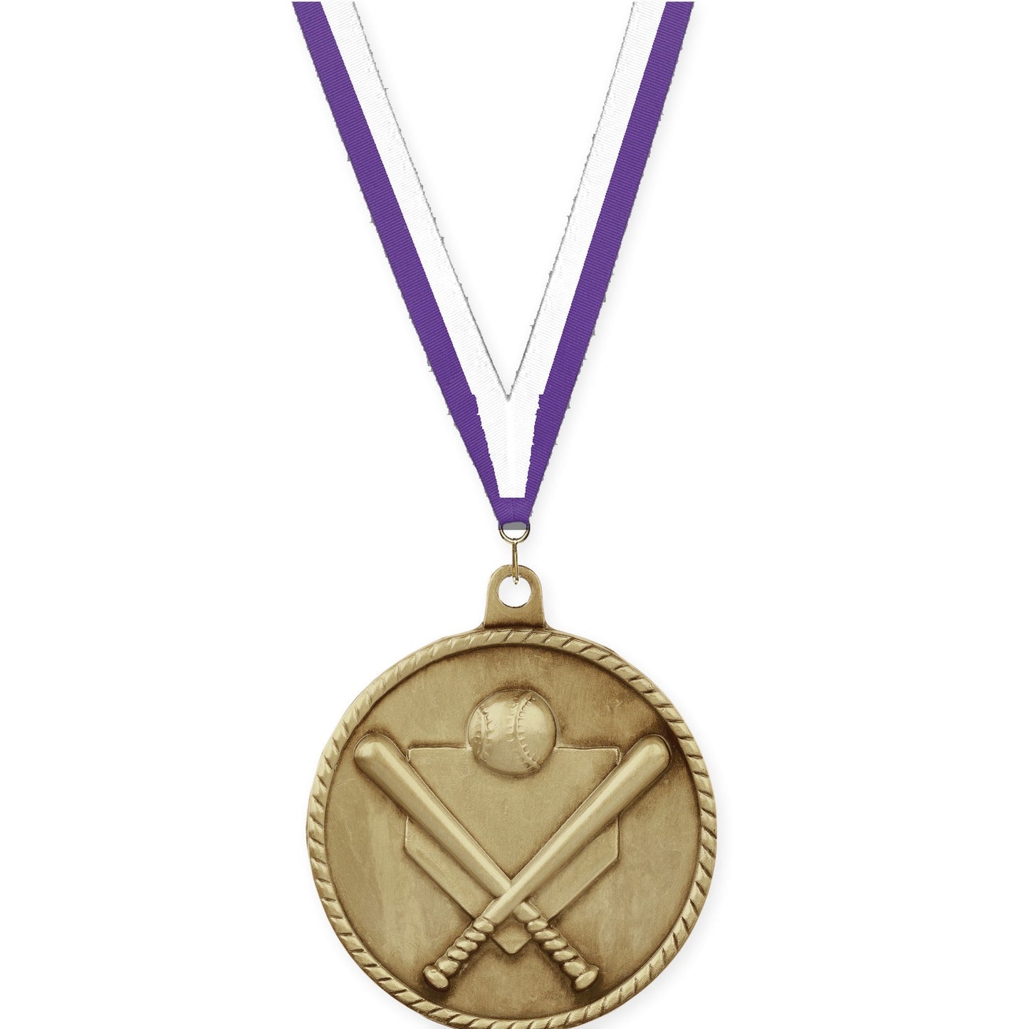 2 inch baseball and softball High Relief medal in antique gold with Purple White neck ribbon