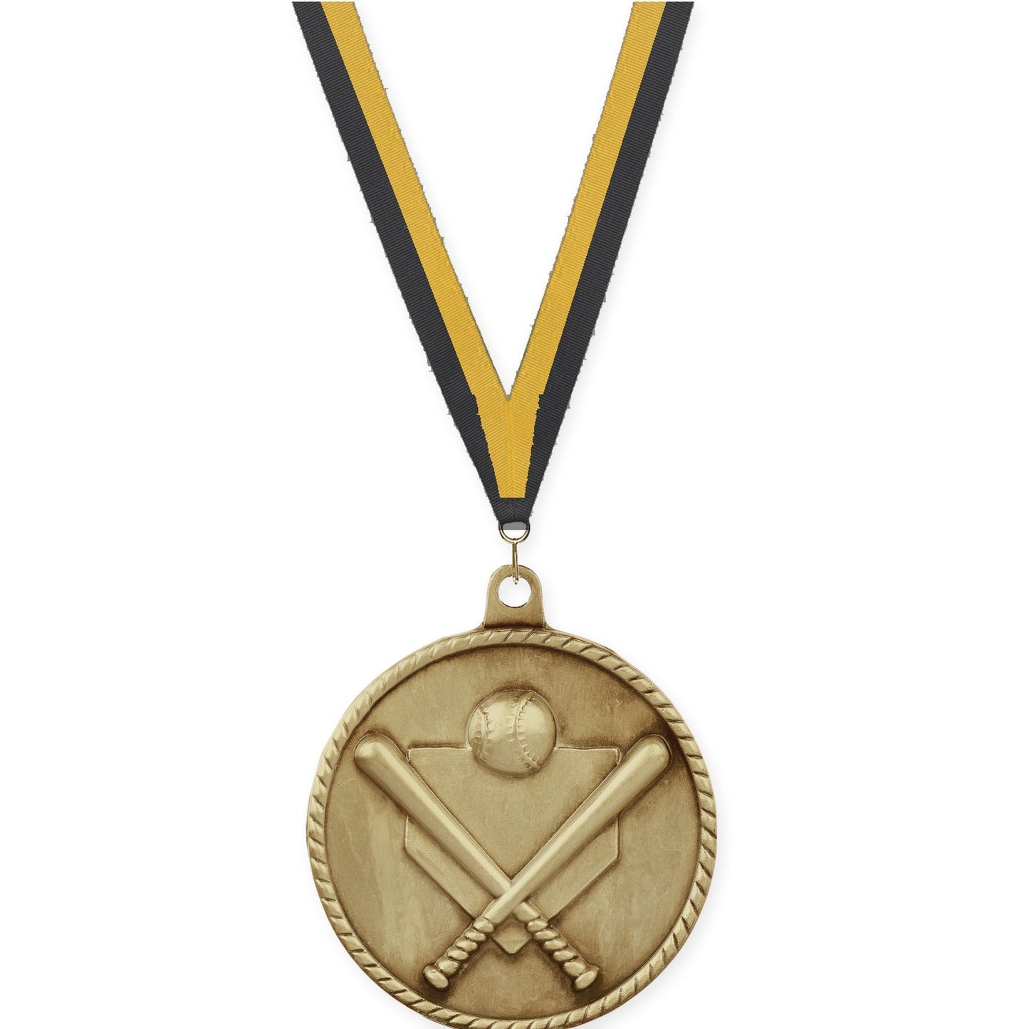 2 inch baseball and softball High Relief medal in antique gold with Black Gold neck ribbon