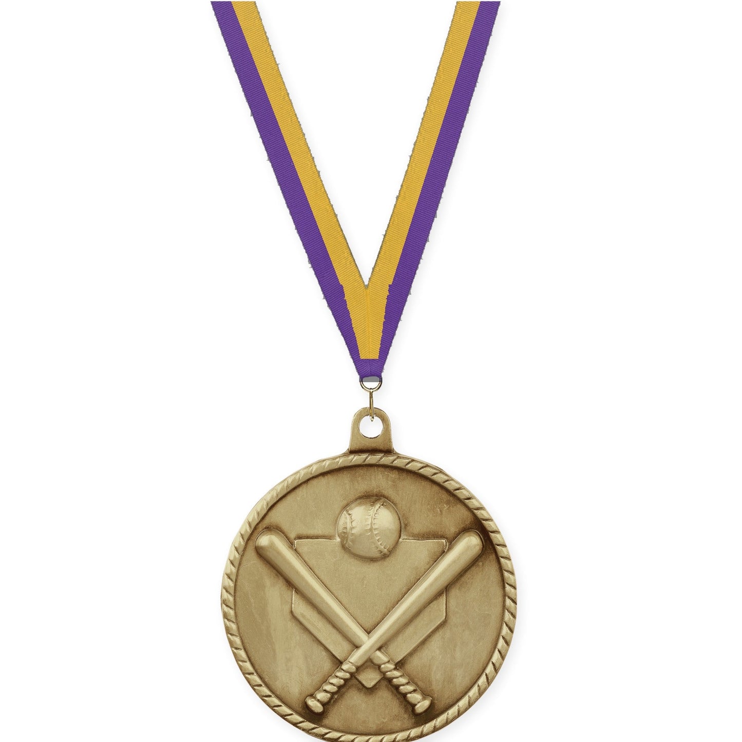 2 inch baseball and softball High Relief medal in antique gold with Purple Gold neck ribbon