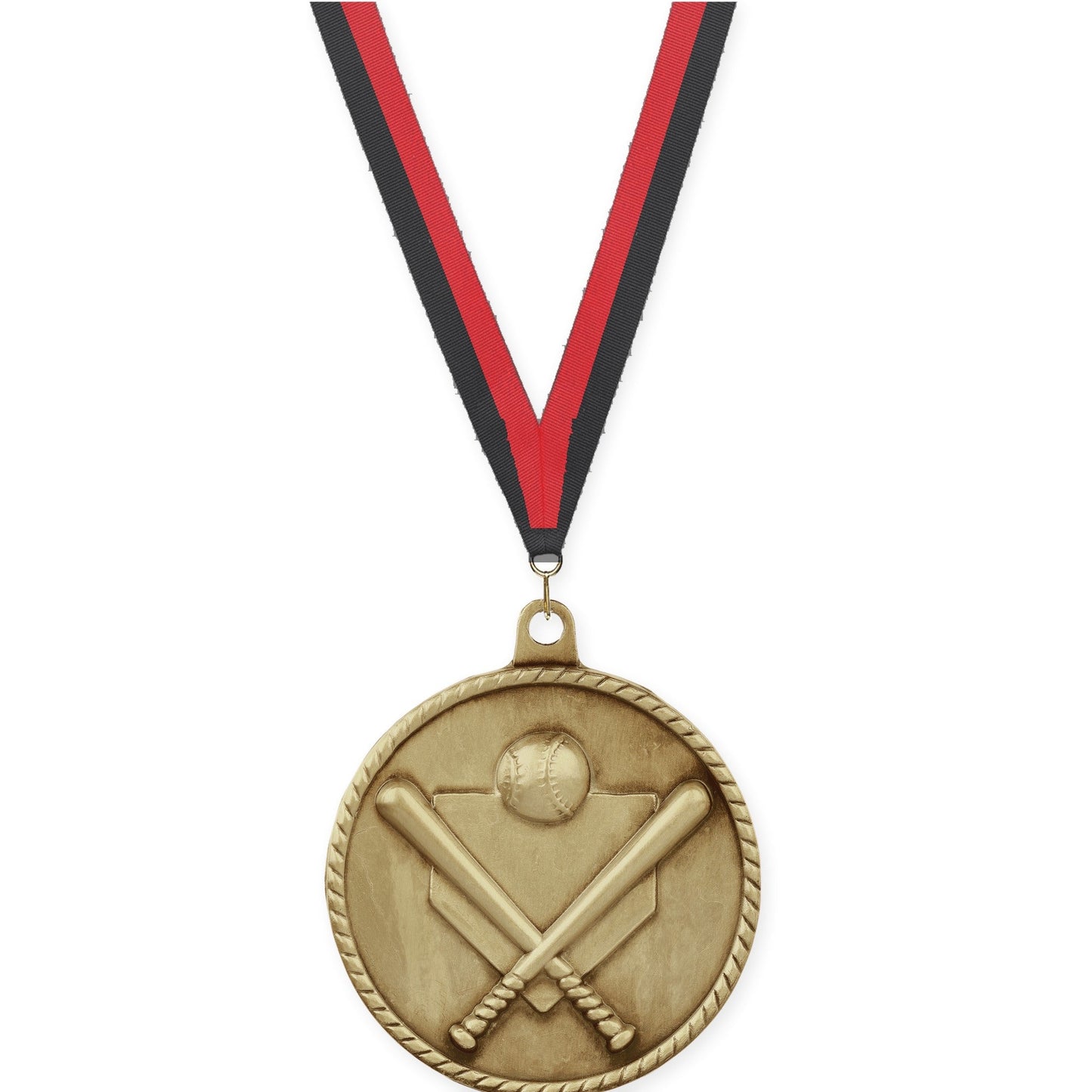 2 inch baseball and softball High Relief medal in antique gold with Black Red neck ribbon