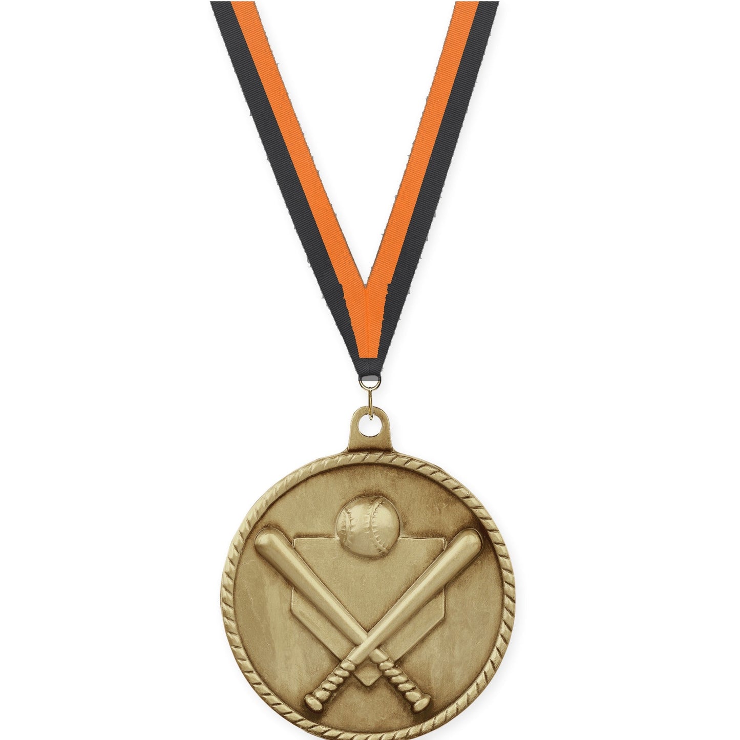 2 inch baseball and softball High Relief medal in antique gold with Black Orange neck ribbon