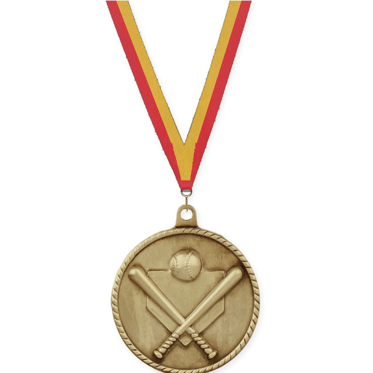 2 inch baseball and softball High Relief medal in antique gold with Red Gold neck ribbon