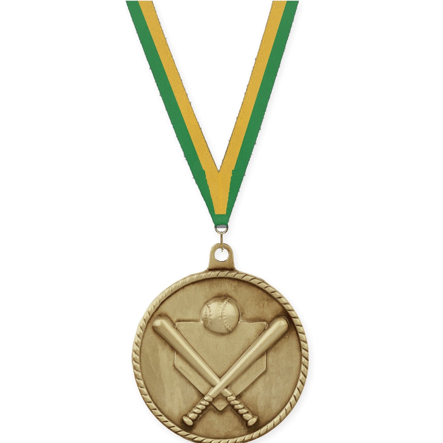 2 inch baseball and softball High Relief medal in antique gold with Green Gold neck ribbon