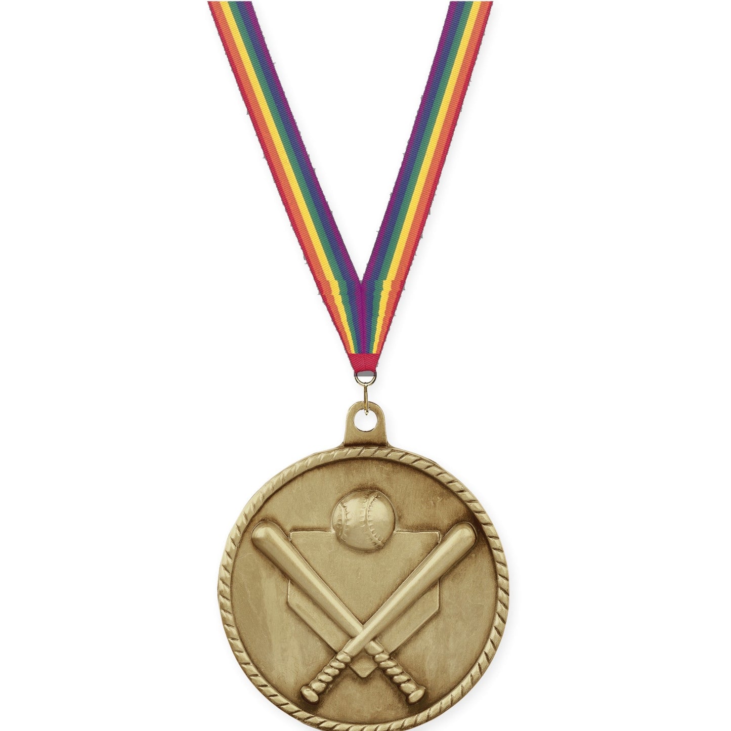 2 inch baseball and softball High Relief medal in antique gold with Rainbow neck ribbon