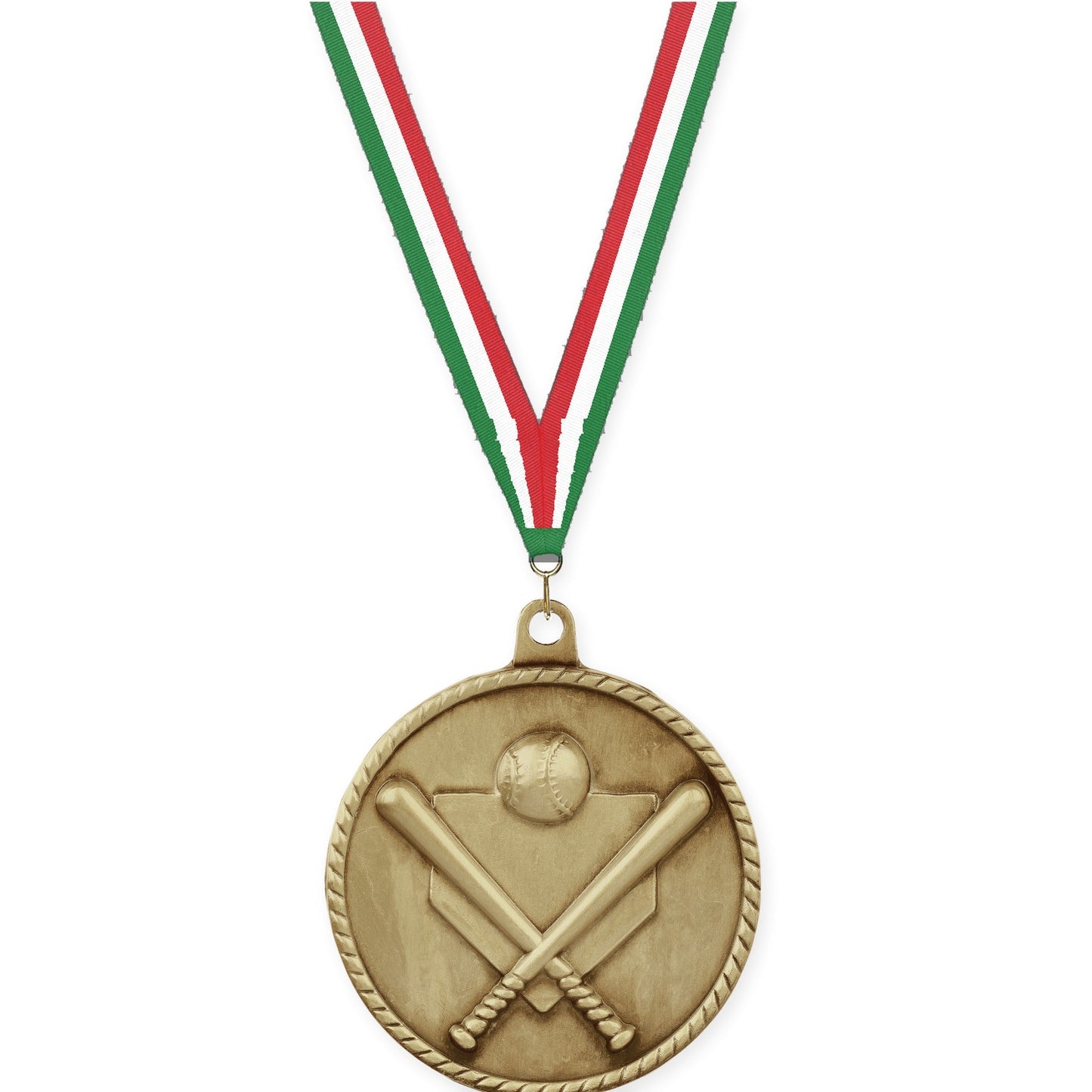2 inch baseball and softball High Relief medal in antique gold with Green White Red neck ribbon