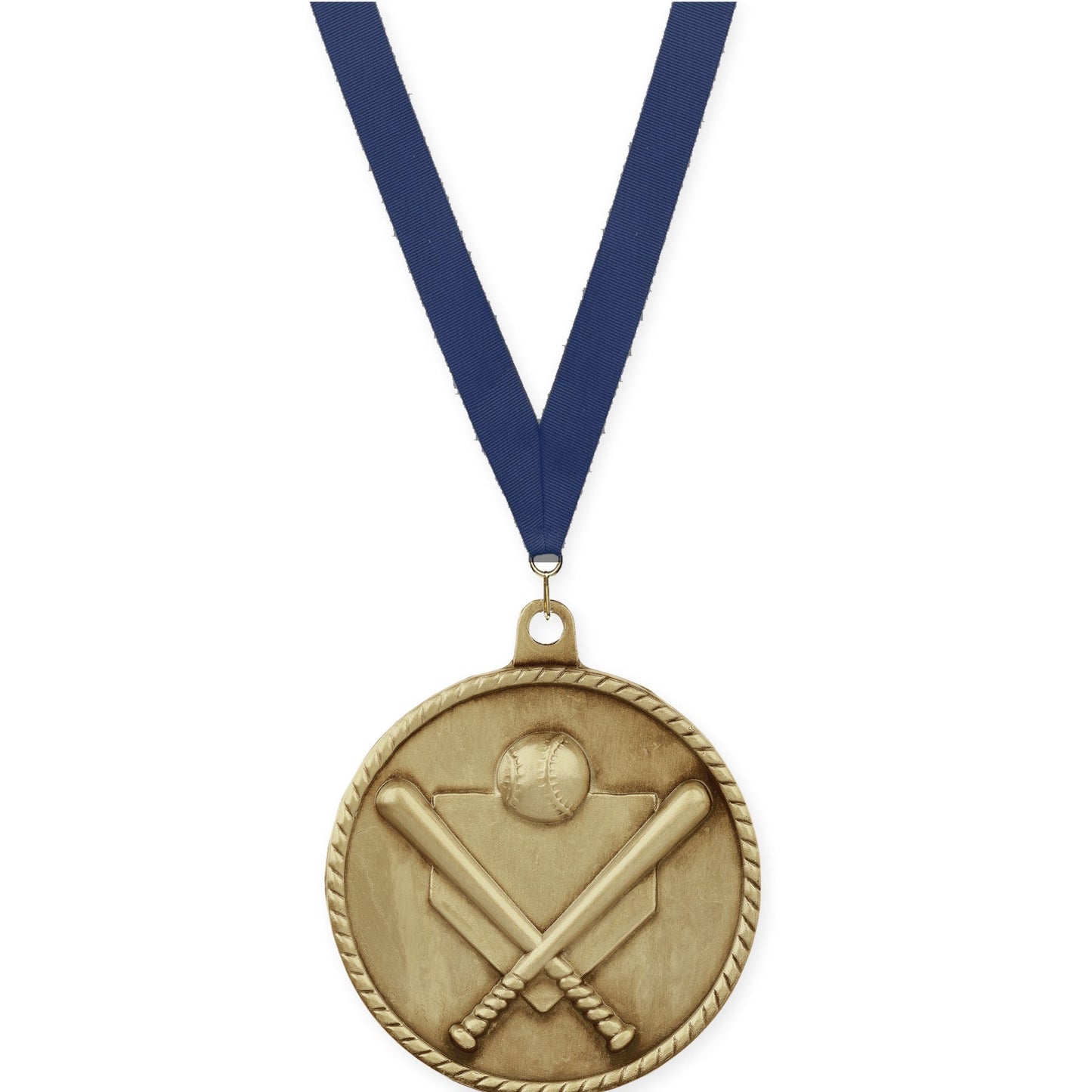 2 inch baseball and softball High Relief medal in antique gold with Navy neck ribbon