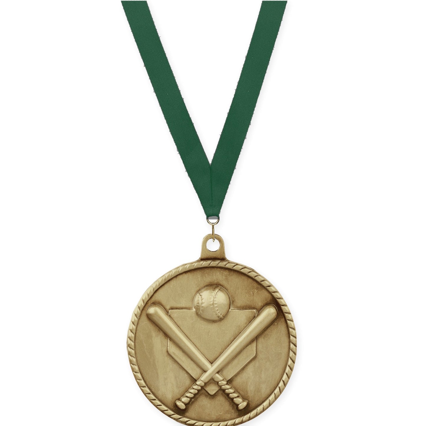 2 inch baseball and softball High Relief medal in antique gold with Hunter Green neck ribbon
