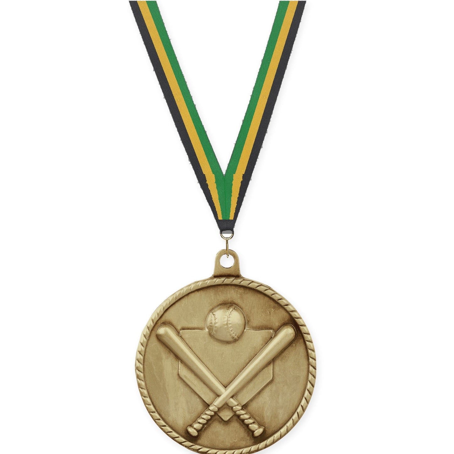 2 inch baseball and softball High Relief medal in antique gold with Black Gold Green neck ribbon