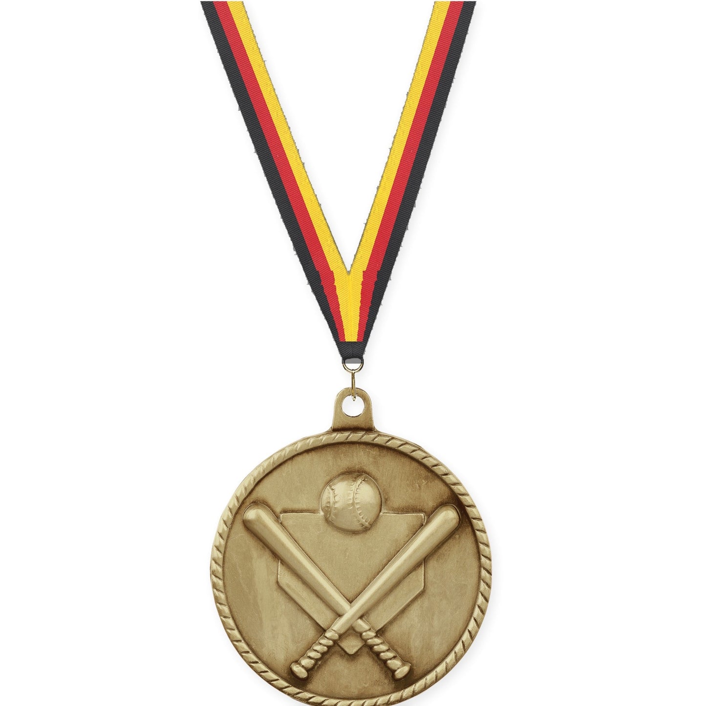 2 inch baseball and softball High Relief medal in antique gold with Black Red Yellow neck ribbon