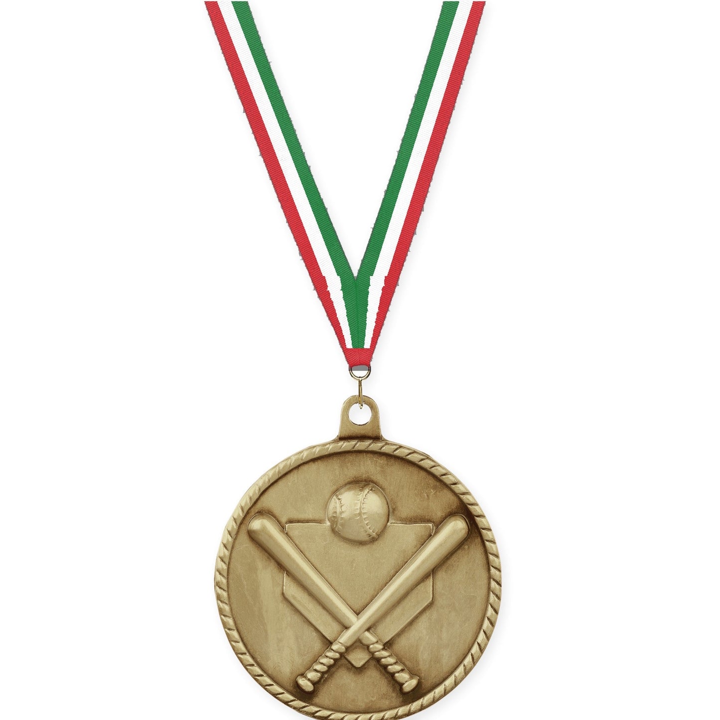 2 inch baseball and softball High Relief medal in antique gold with Red White Green neck ribbon