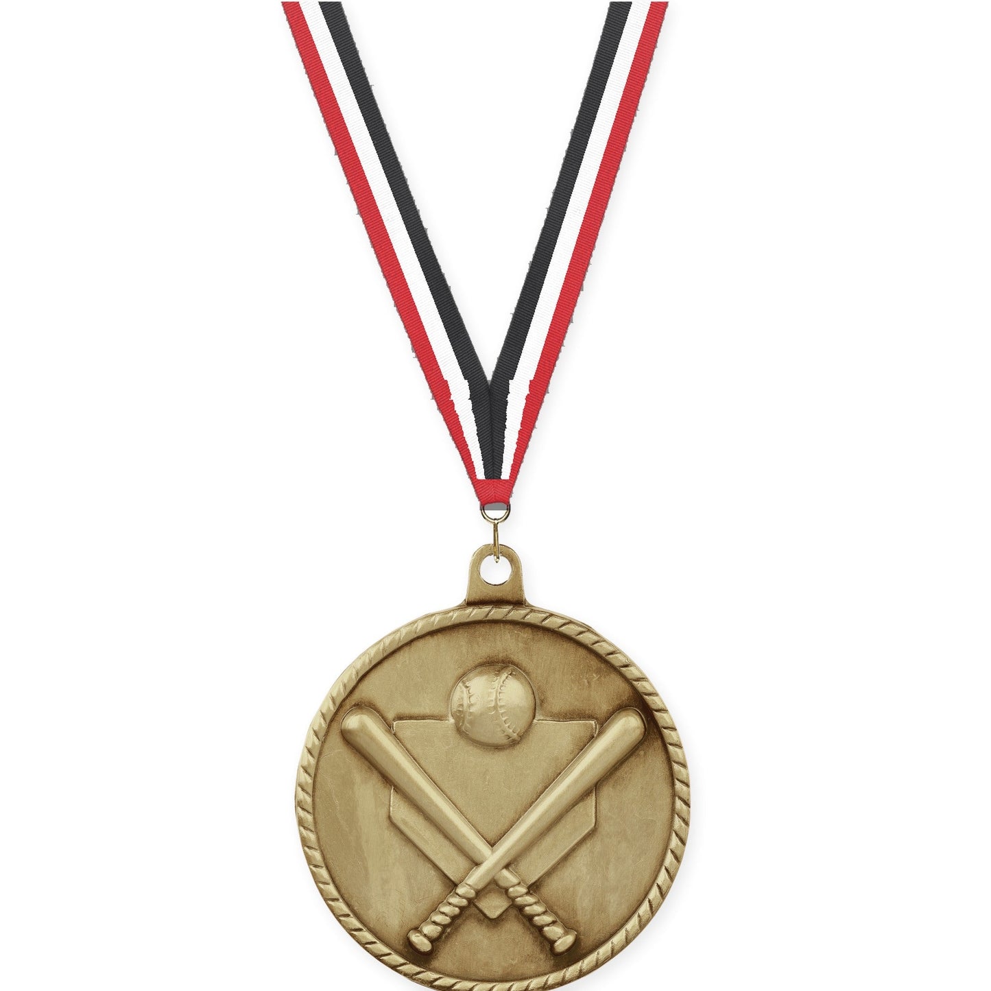 2 inch baseball and softball High Relief medal in antique gold with Red White Black neck ribbon