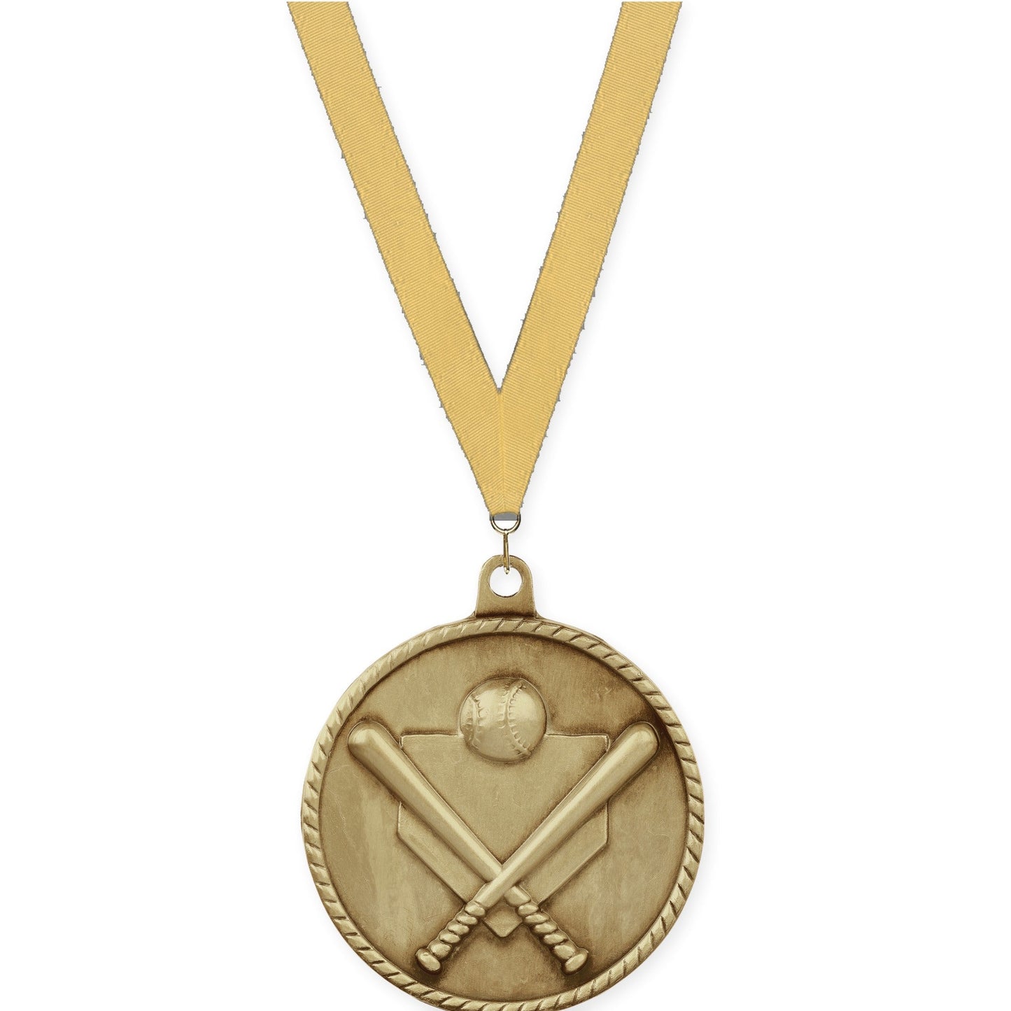 2 inch baseball and softball High Relief medal in antique gold with Gold Metallic neck ribbon