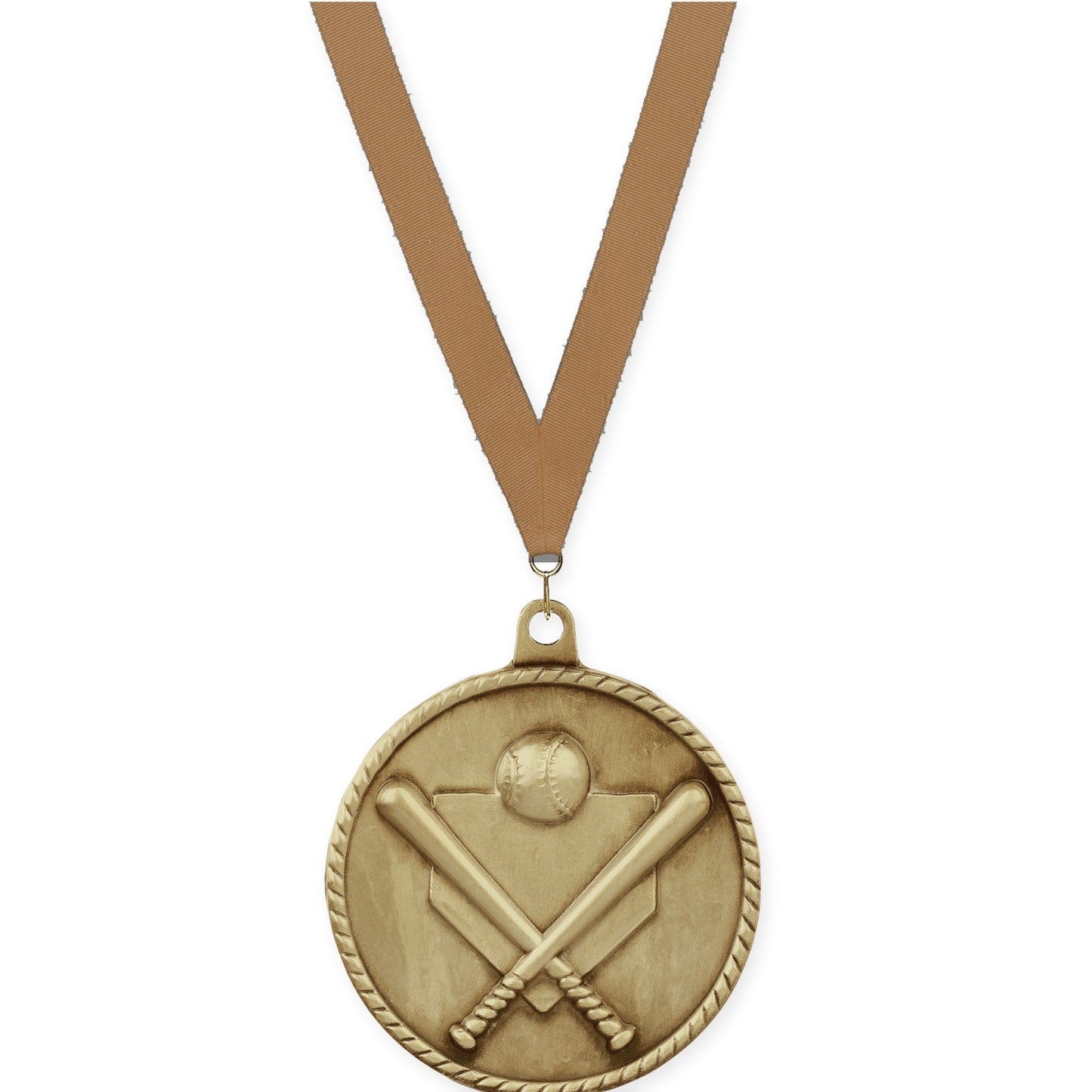 2 inch baseball and softball High Relief medal in antique gold with Bronze Metallic neck ribbon