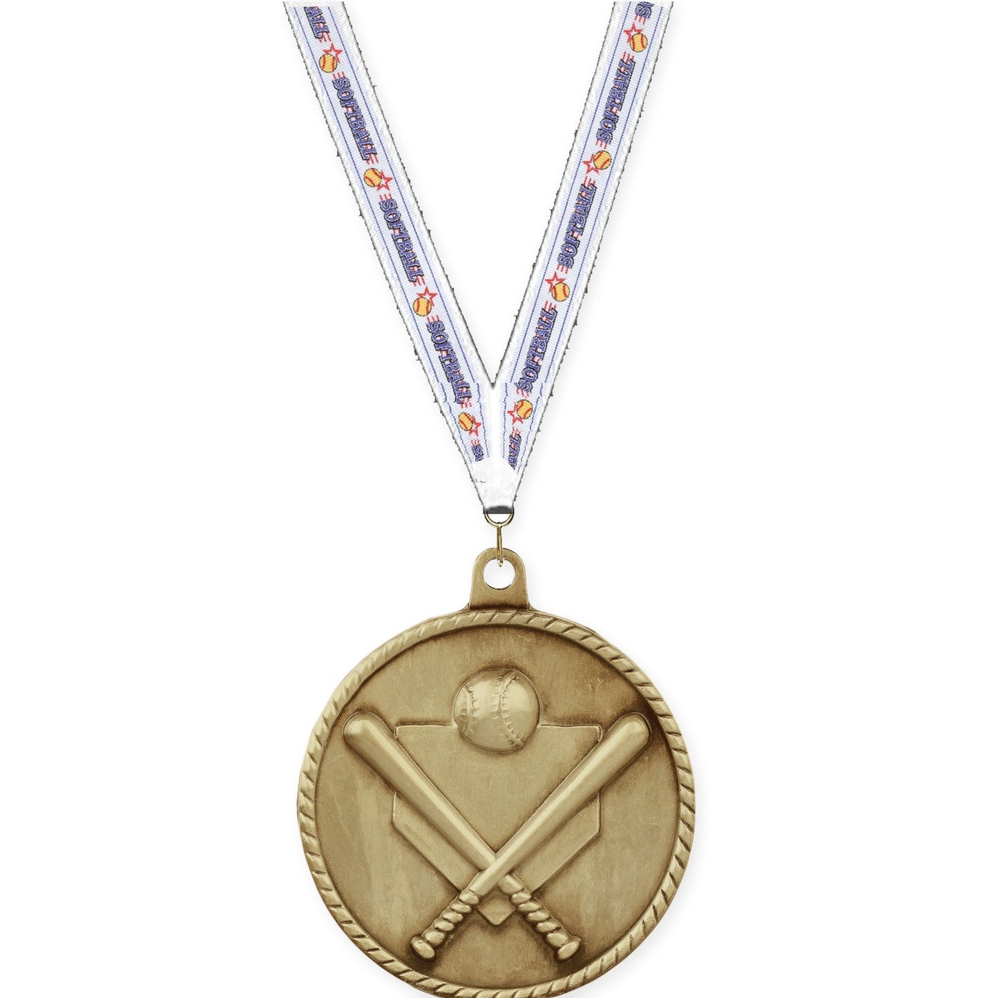 2 inch baseball and softball High Relief medal in antique gold with Softball neck ribbon