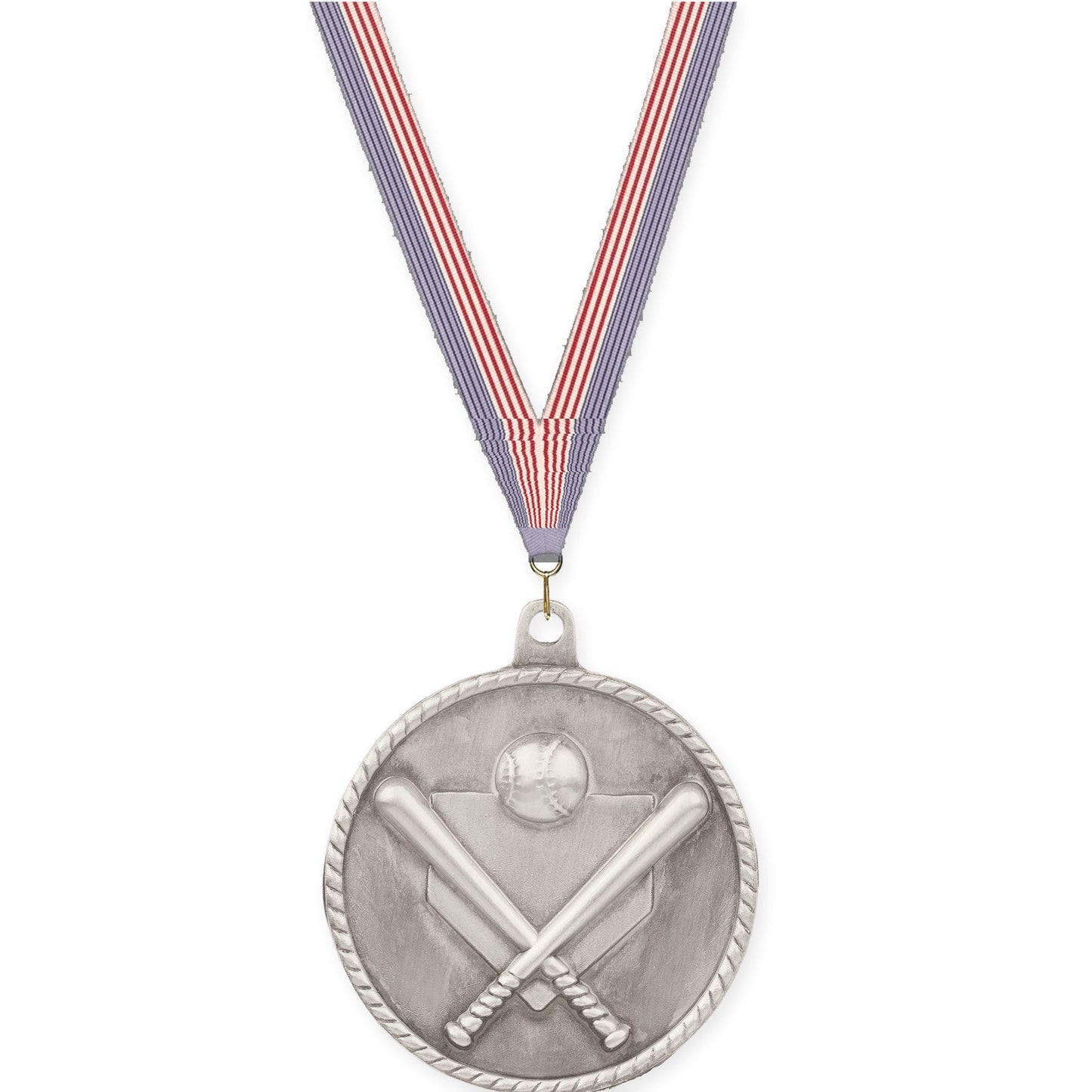 2 inch baseball and softball High Relief medal in antique silver with USA Flag neck ribbon