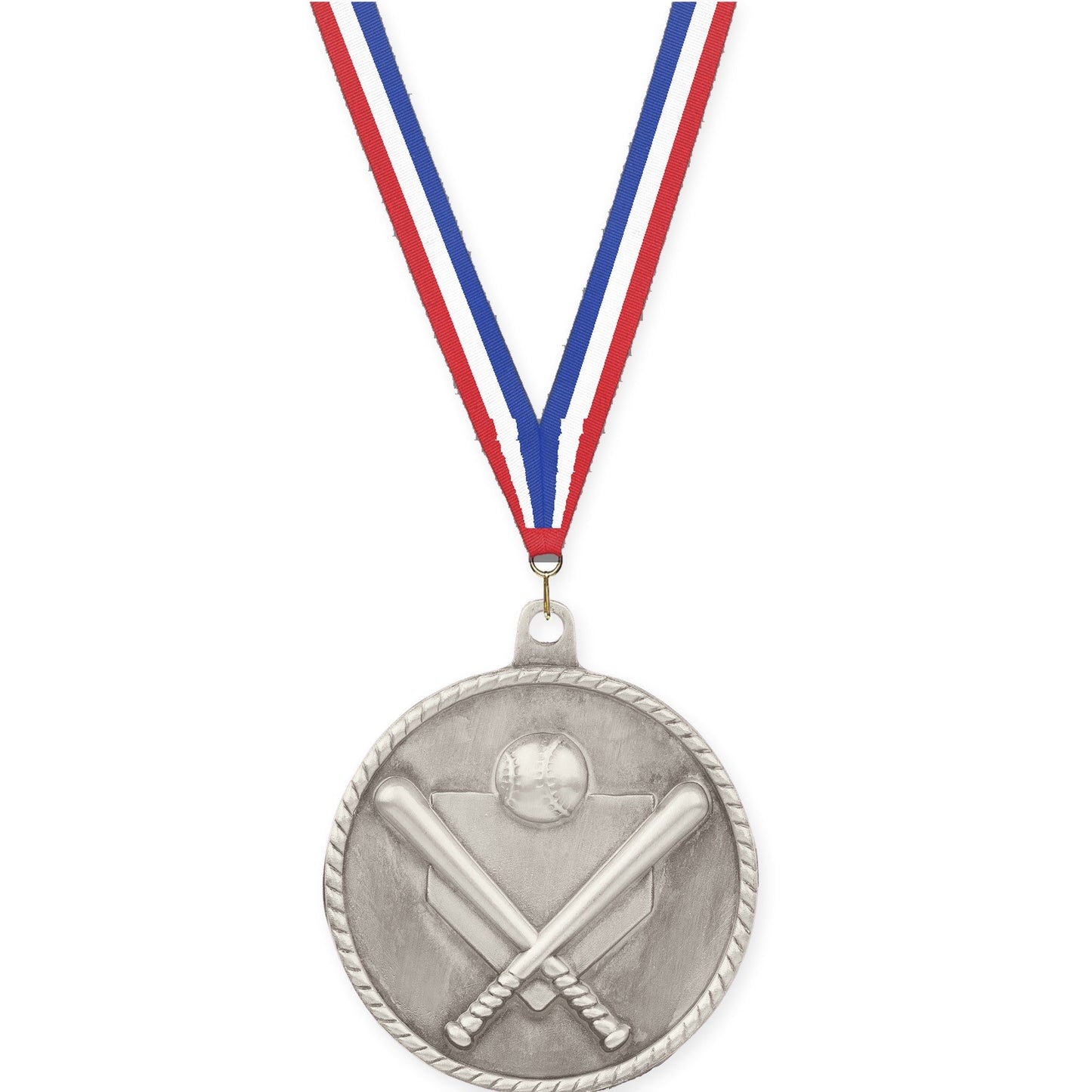 2 inch baseball and softball High Relief medal in antique silver with Red White Blue neck ribbon