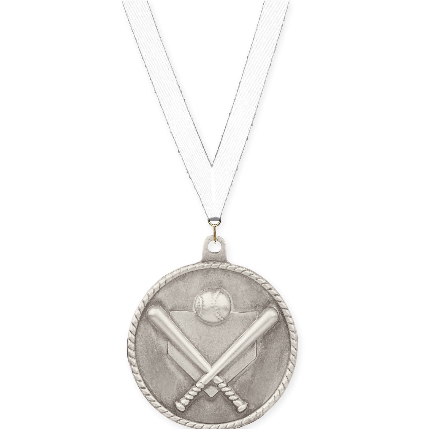 2 inch baseball and softball High Relief medal in antique silver with White neck ribbon