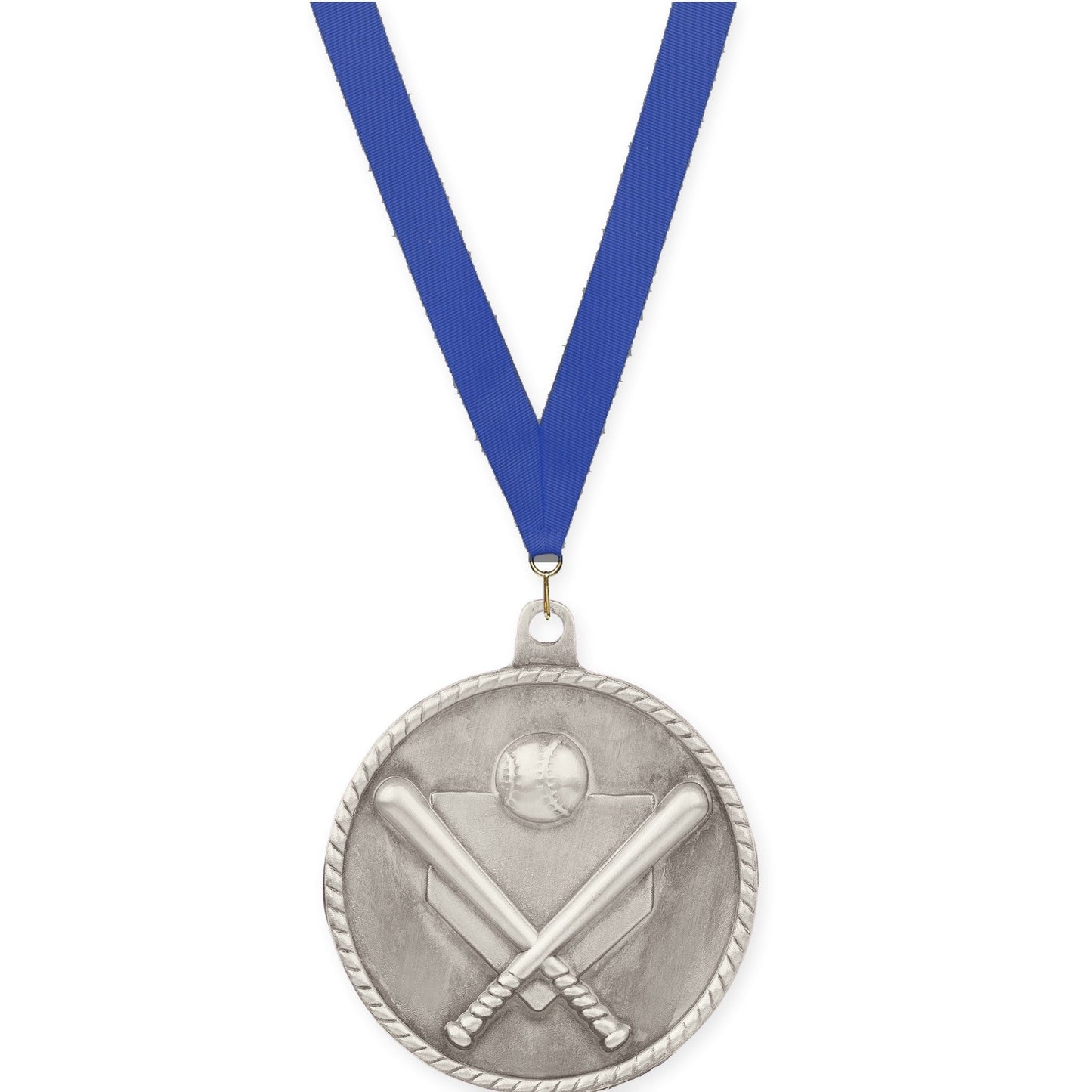 2 inch baseball and softball High Relief medal in antique silver with Blue neck ribbon