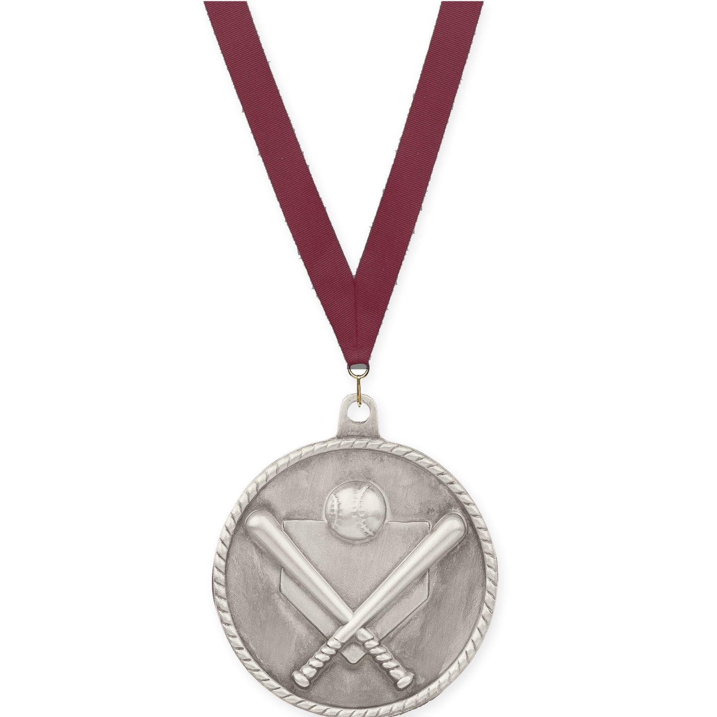 2 inch baseball and softball High Relief medal in antique silver with Maroon neck ribbon
