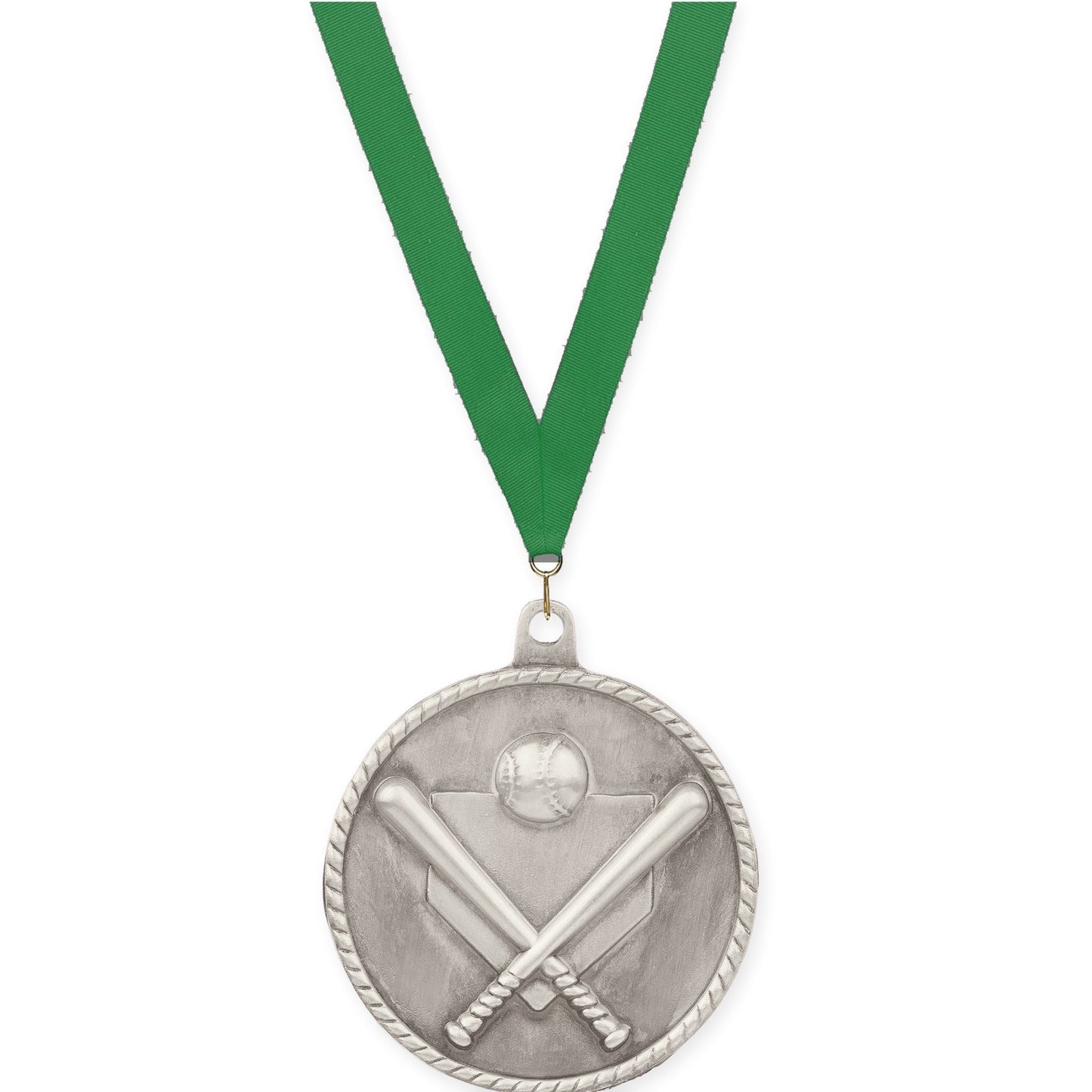 2 inch baseball and softball High Relief medal in antique silver with Green neck ribbon